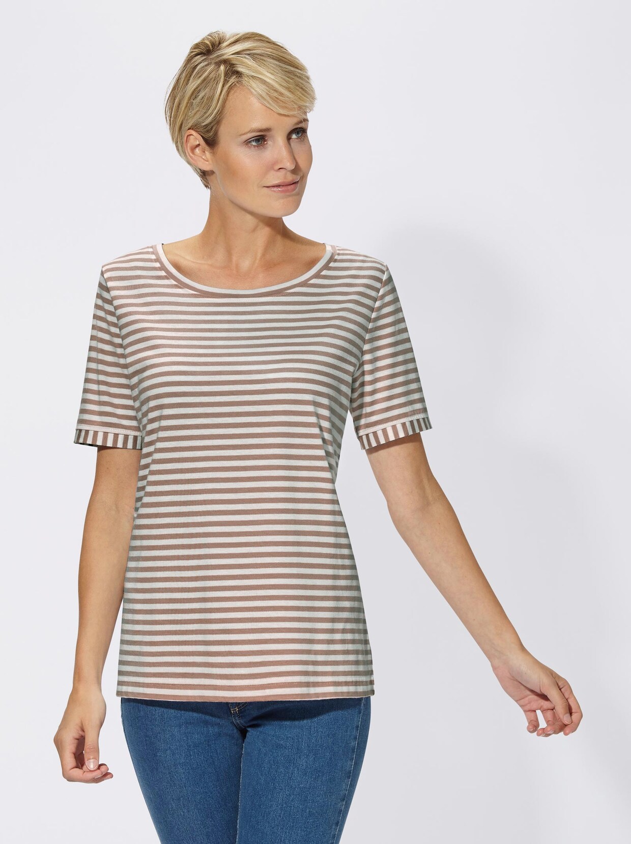 Rundhalsshirt - taupe-gestreift