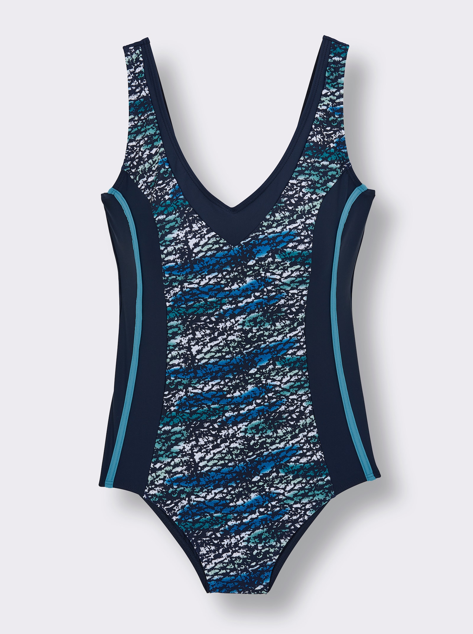Badeanzug mit Kontrastpaspel - marine-türkis-bedruckt