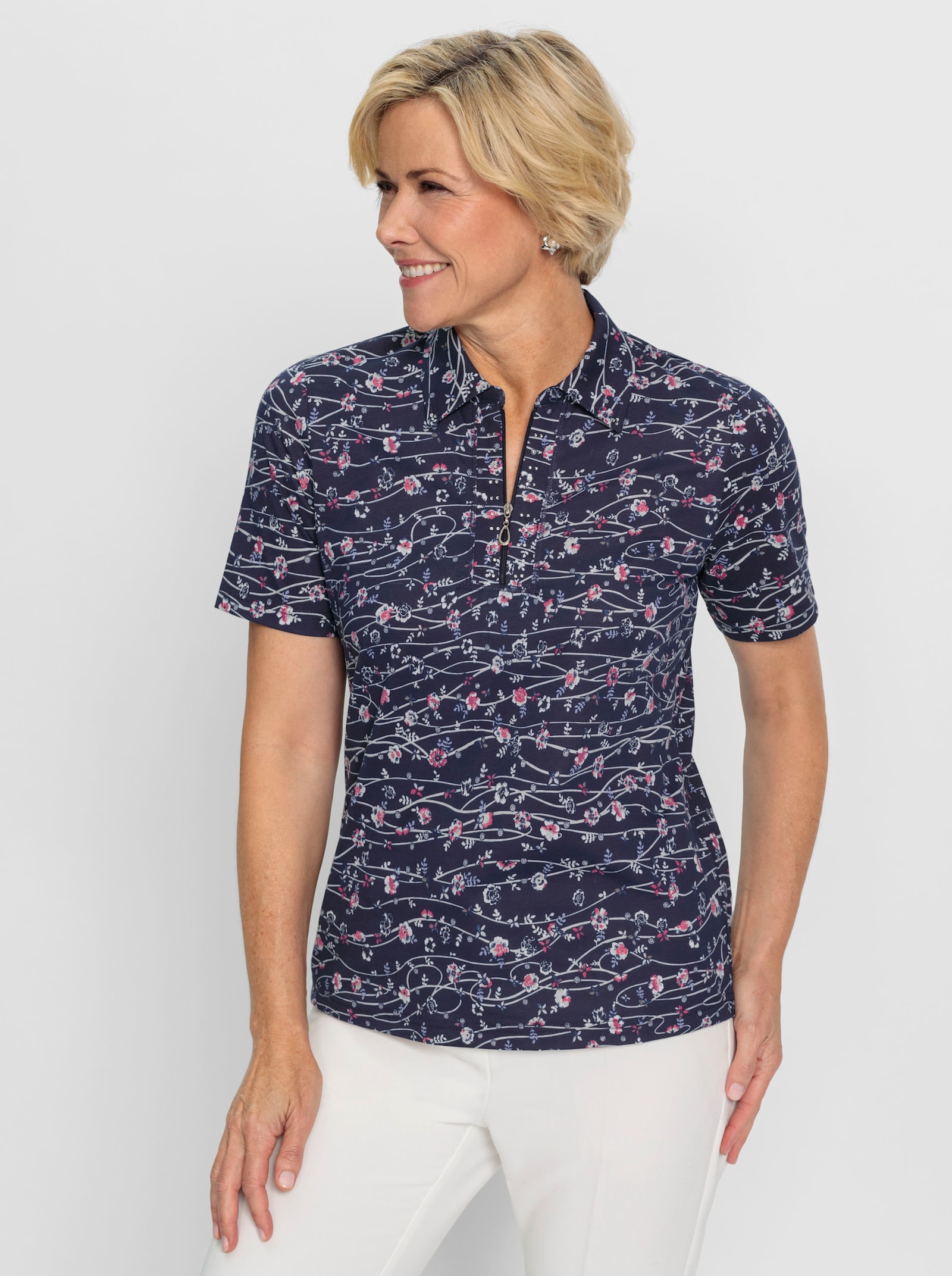  Poloshirt mit floralem Dessin - marine-fuchsia-bedruckt