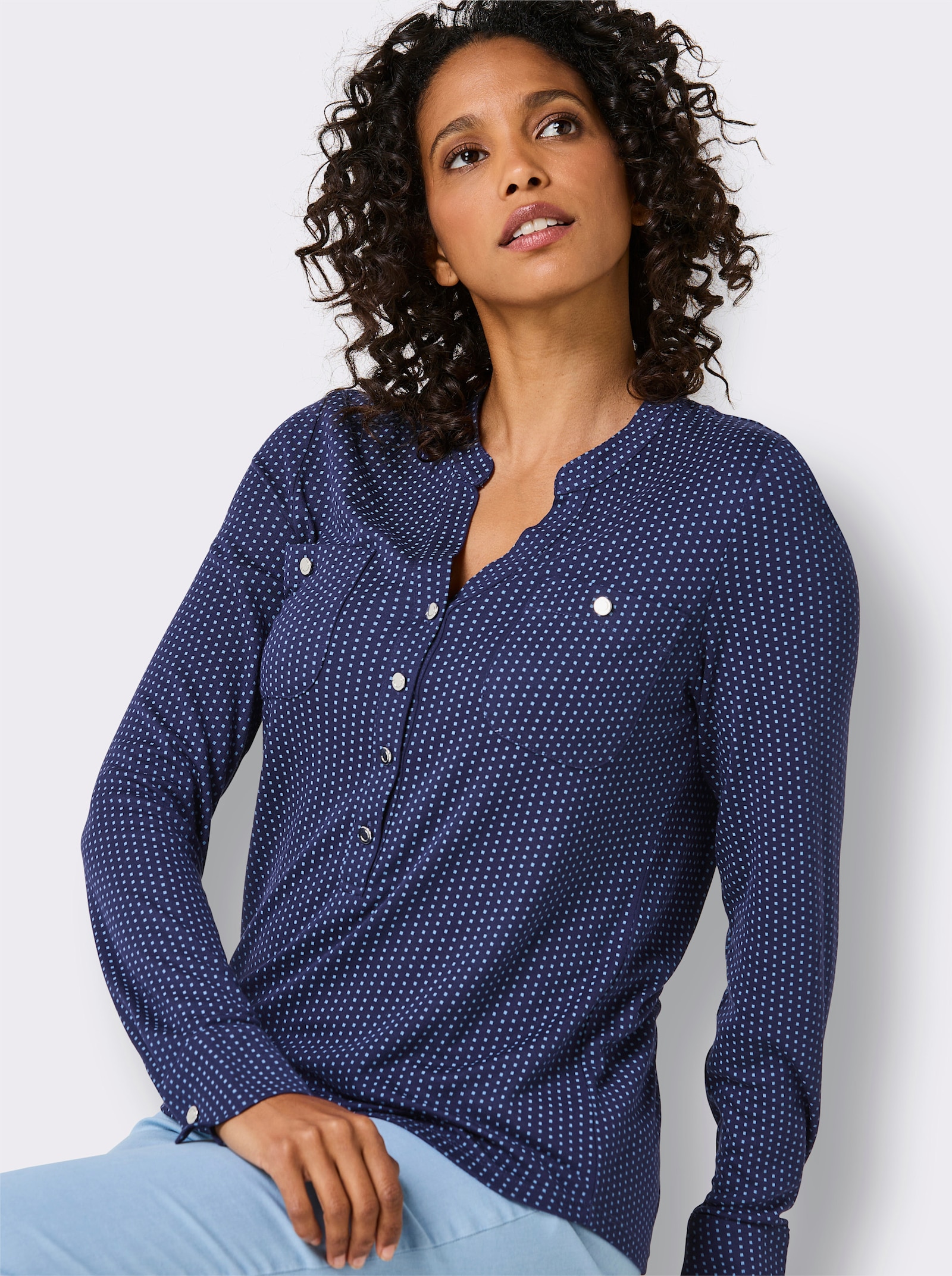 CREATION L PREMIUM Blusenshirt im Minimal-Dessin - marine-mittelblau-bedruckt