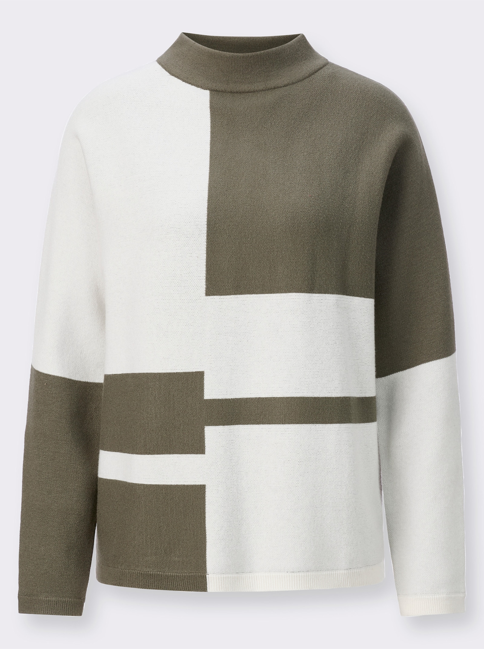 Pull jacquard, dos uni - kaki-écru à motifs