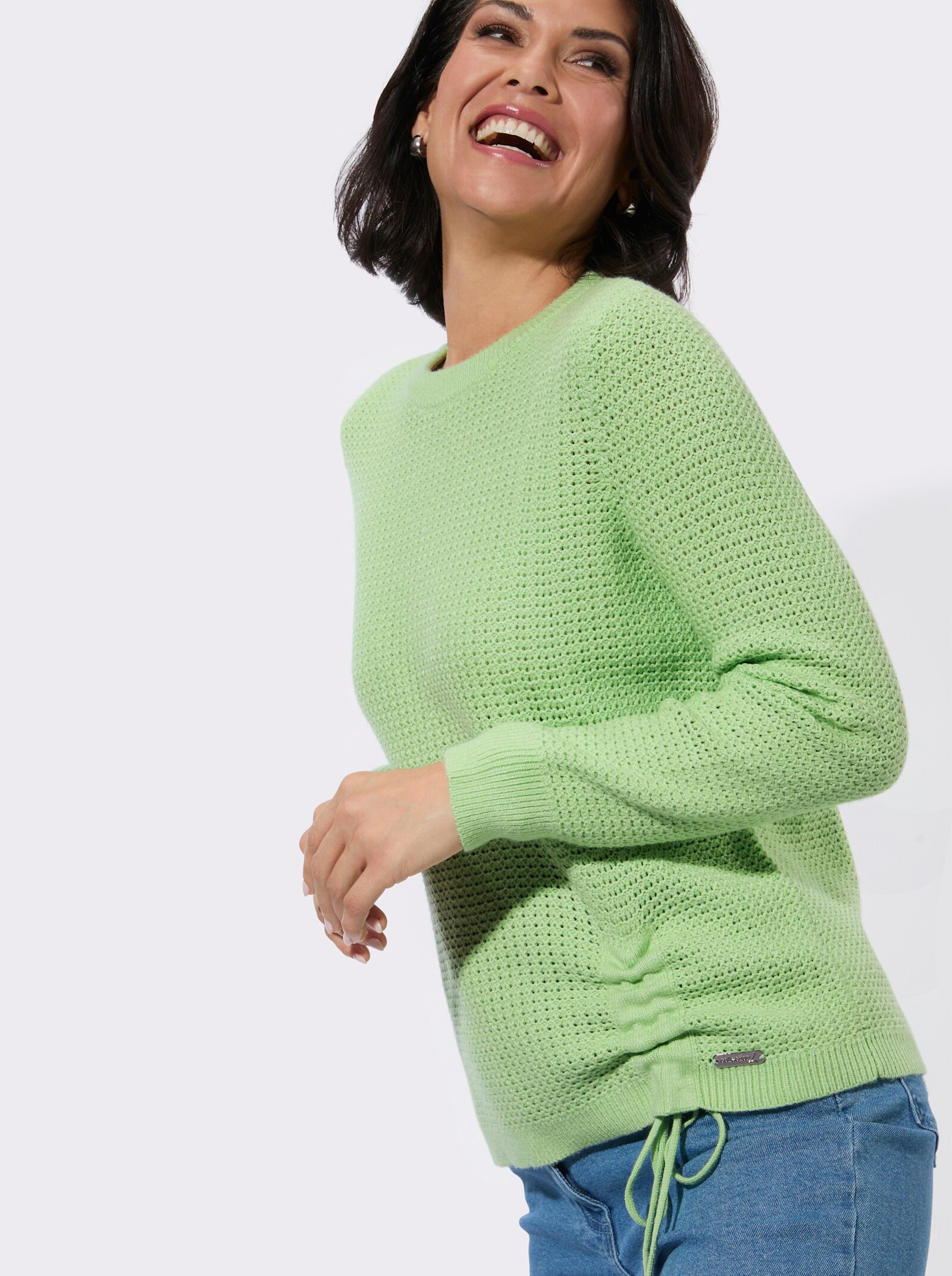 Rundhalspullover mit Schnürung am Saum - reseda