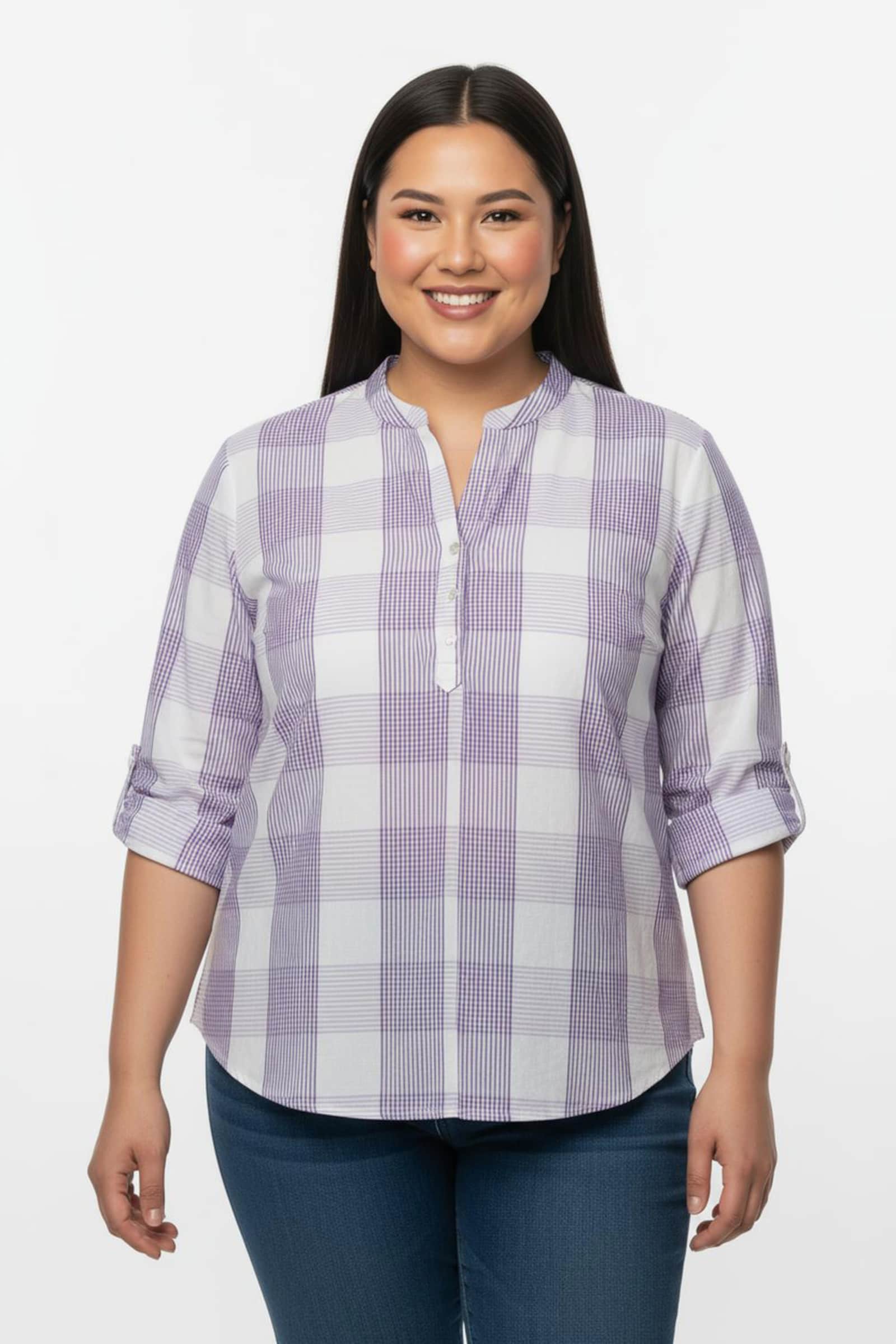 Baumwollbluse mit Stehkragen, kariert - lavendel-weiß-kariert