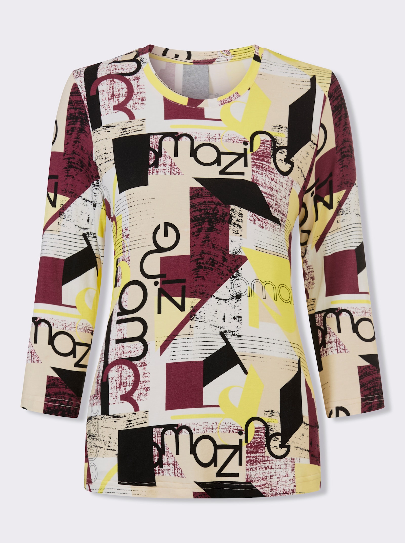 Print-Shirt mit 3/4-Ärmeln - limone-burgund-bedruckt
