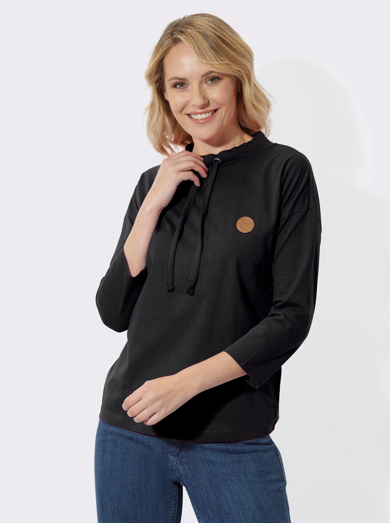 3/4-Arm-Shirt mit weitem Stehkragen - schwarz