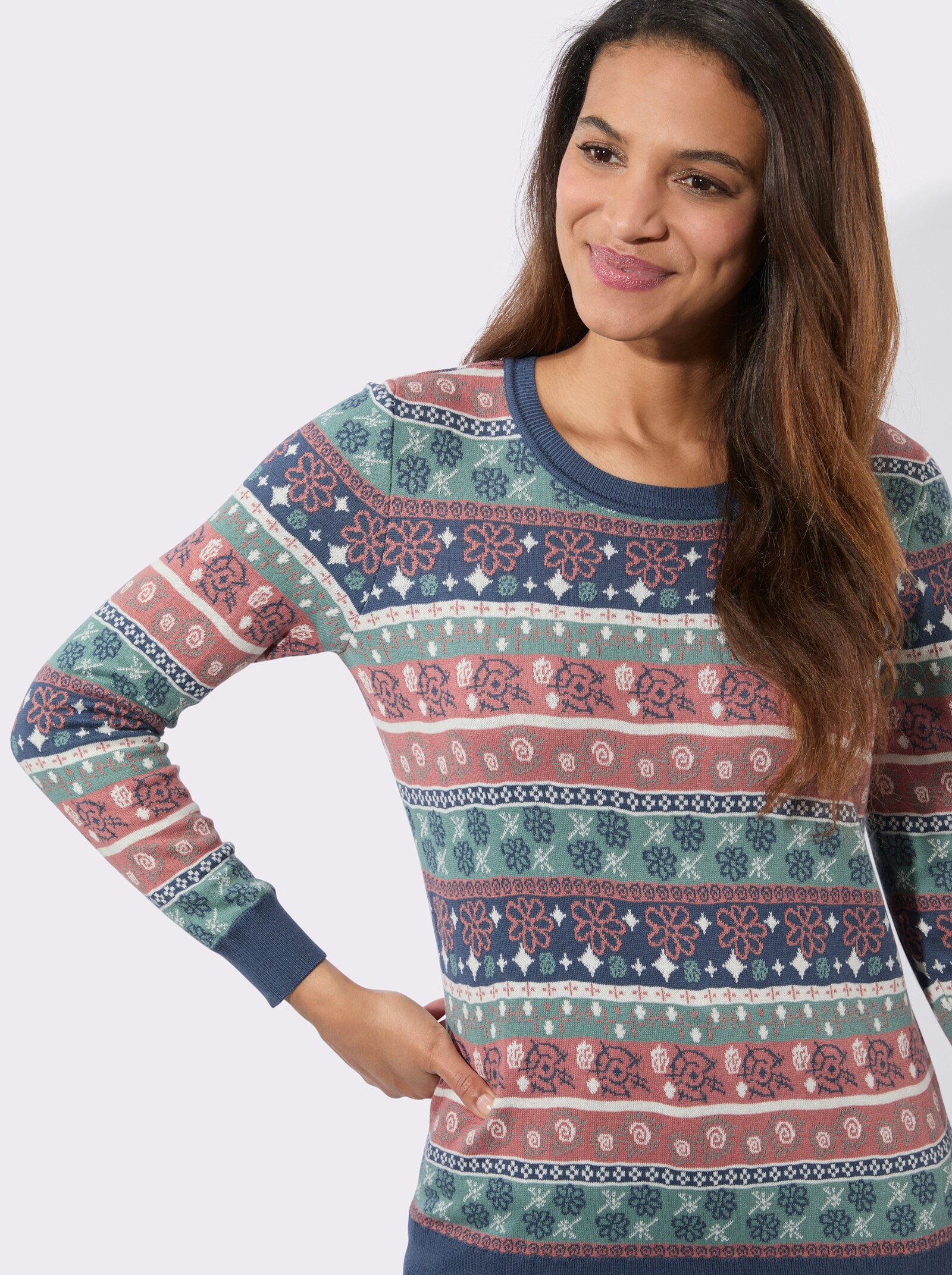 Jacquard-Pullover mit Rippbündchen - rauchblau-rosenholz