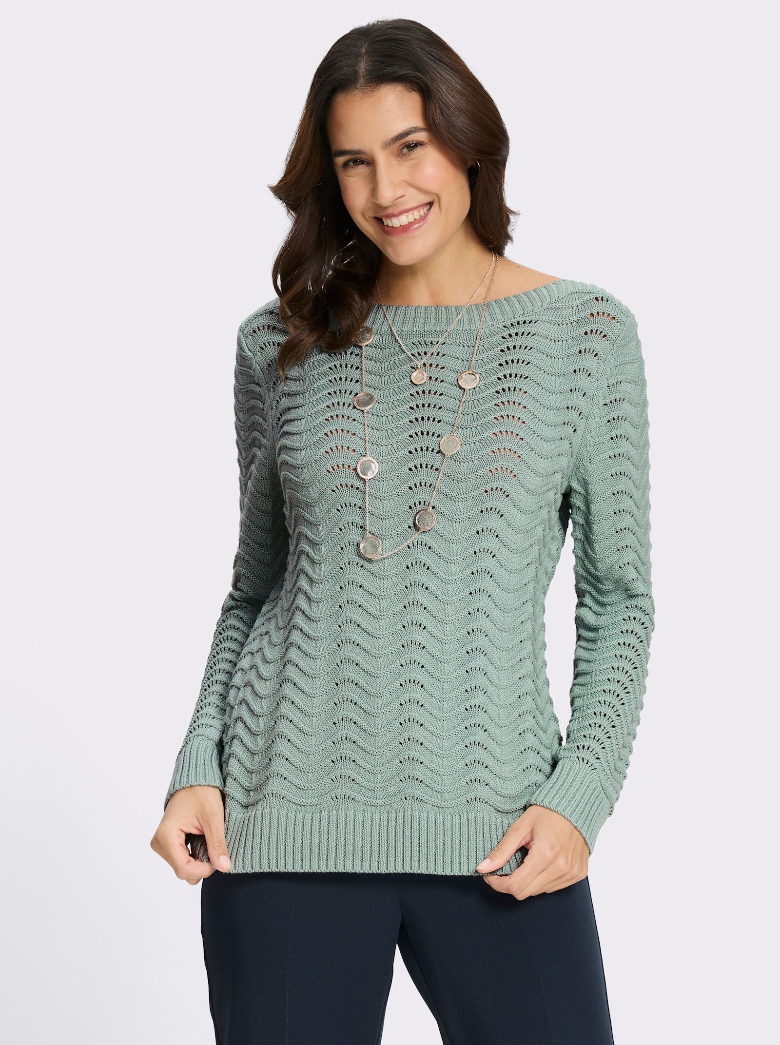 Pullover mit wellenförmigem Ajour-Strickmuster - kalkmint