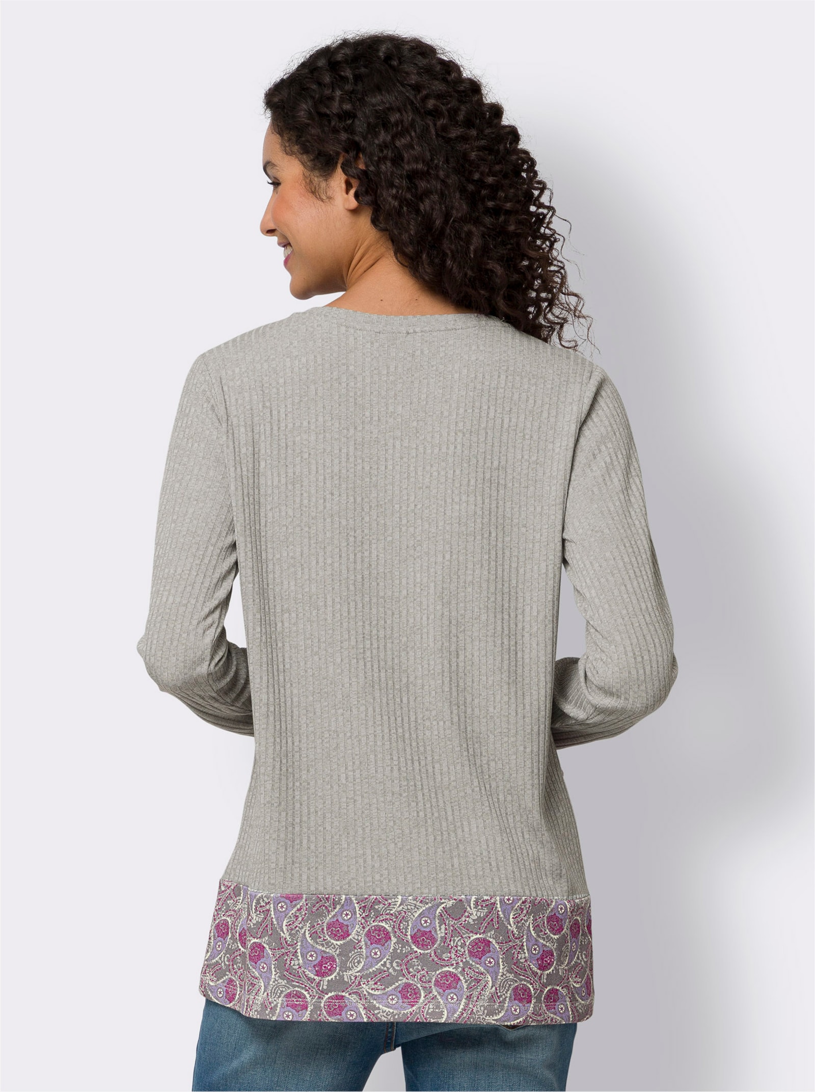 heine Langarmshirt in Patch-Optik vorne - hellgrau-violett-bedruckt