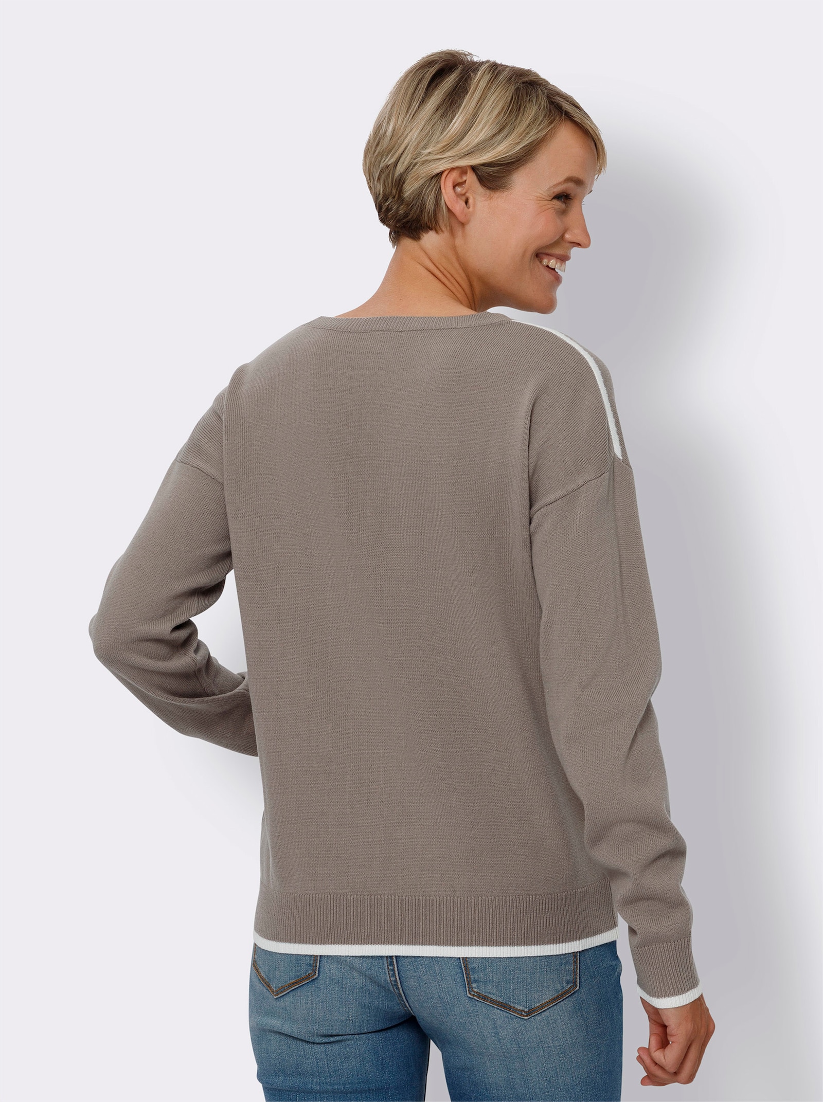 Langarm-Pullover mit Kontraststreifen - taupe-ecru