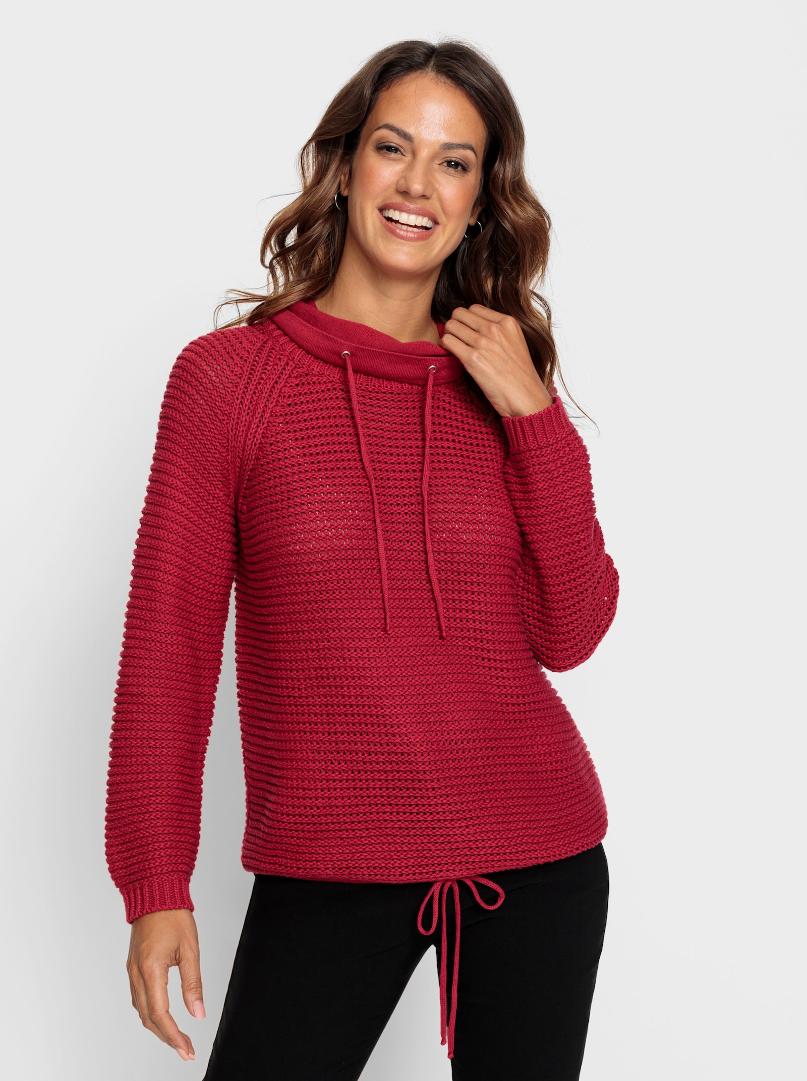 Rollkragenpullover mit Tunnelzug und Bindeband - himbeerrot