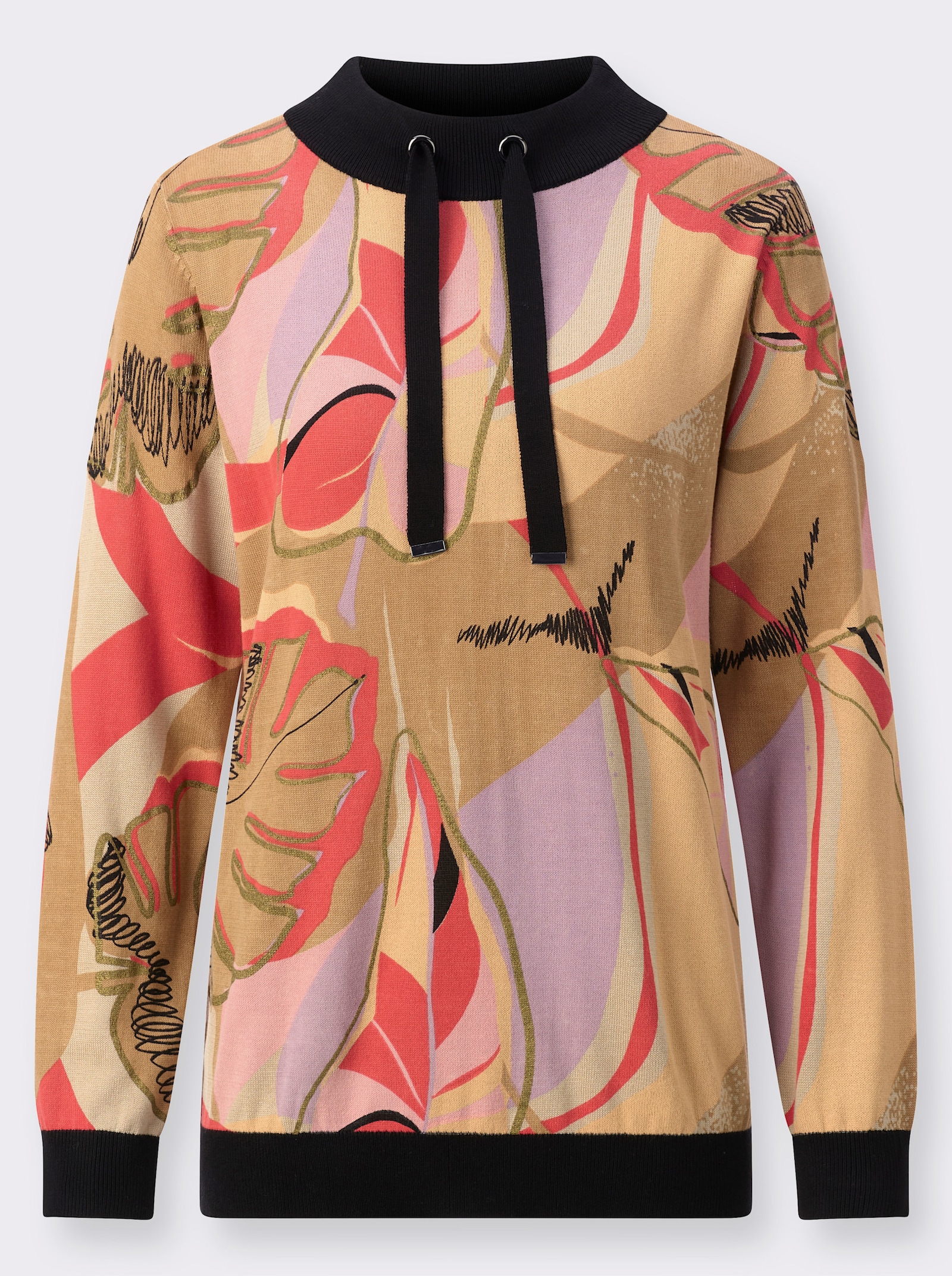 Pullover met lange mouwen in hoogwaardige materiaalmix - beige/apricot bedrukt