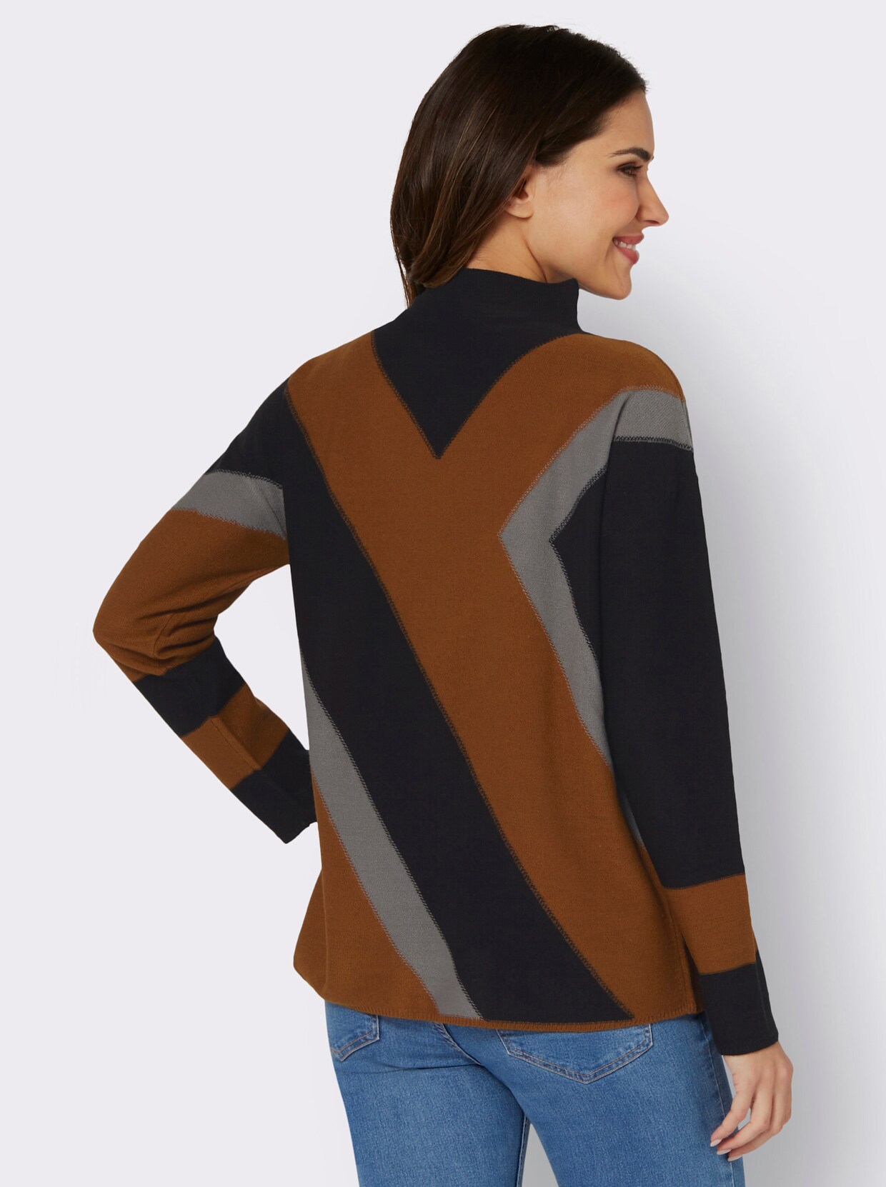 Langarm-Pullover - schwarz-cognac-gemustert