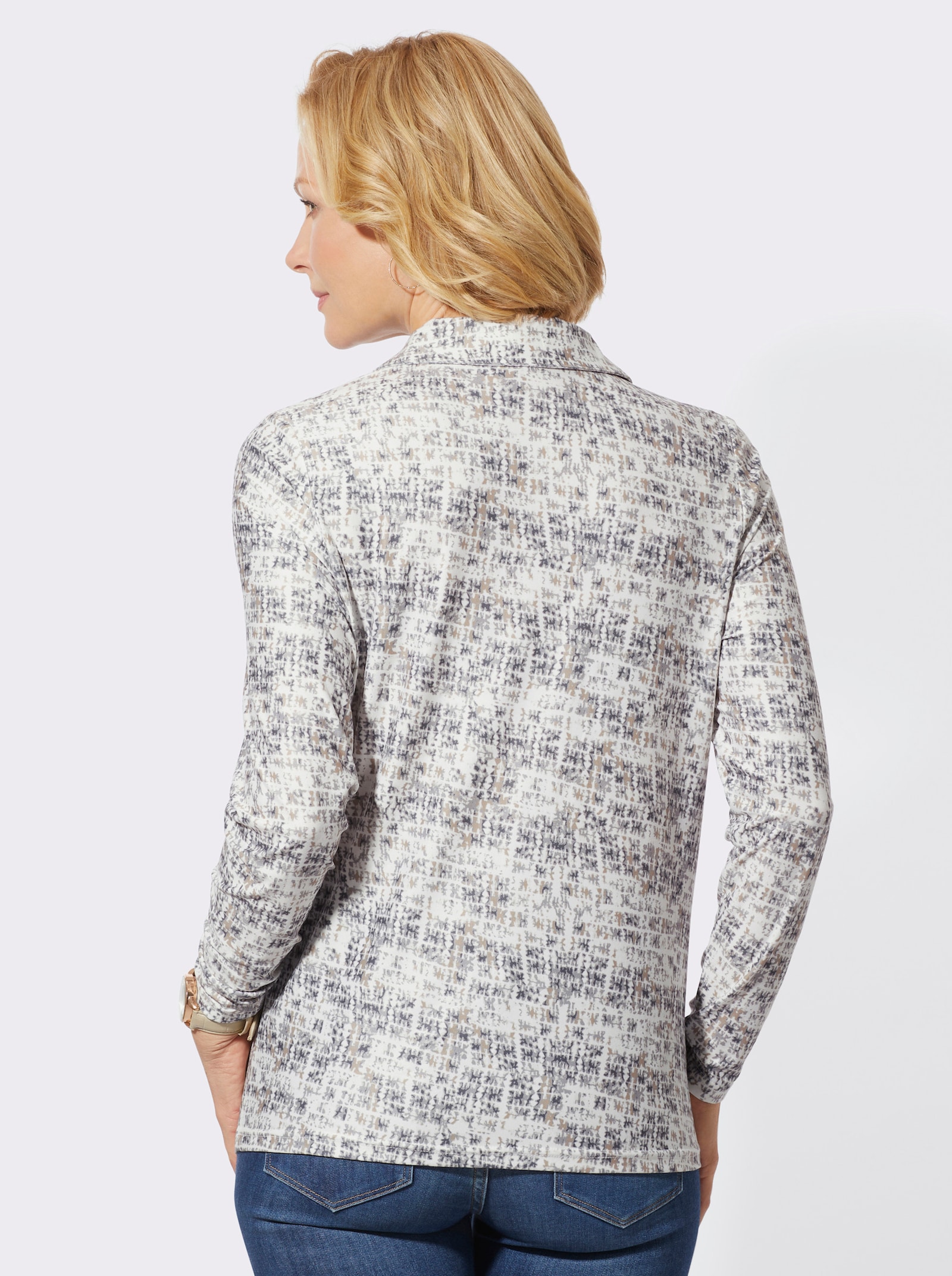 Poloshirt in leicht angerauter Winter-Qualität - ecru-steingrau-bedruckt