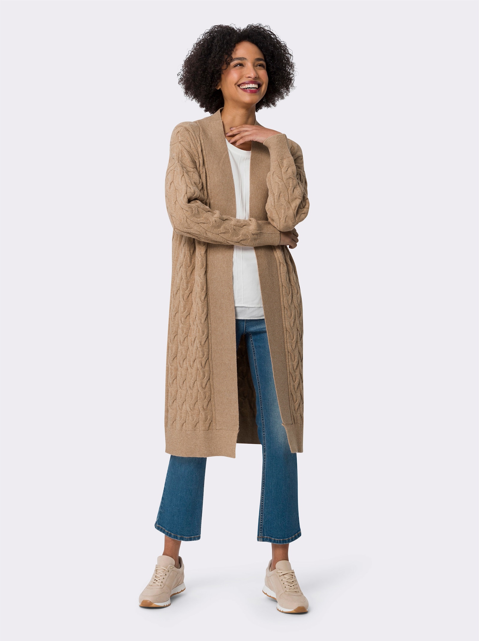 heine Strickmantel mit Zopfmuster - camel-meliert