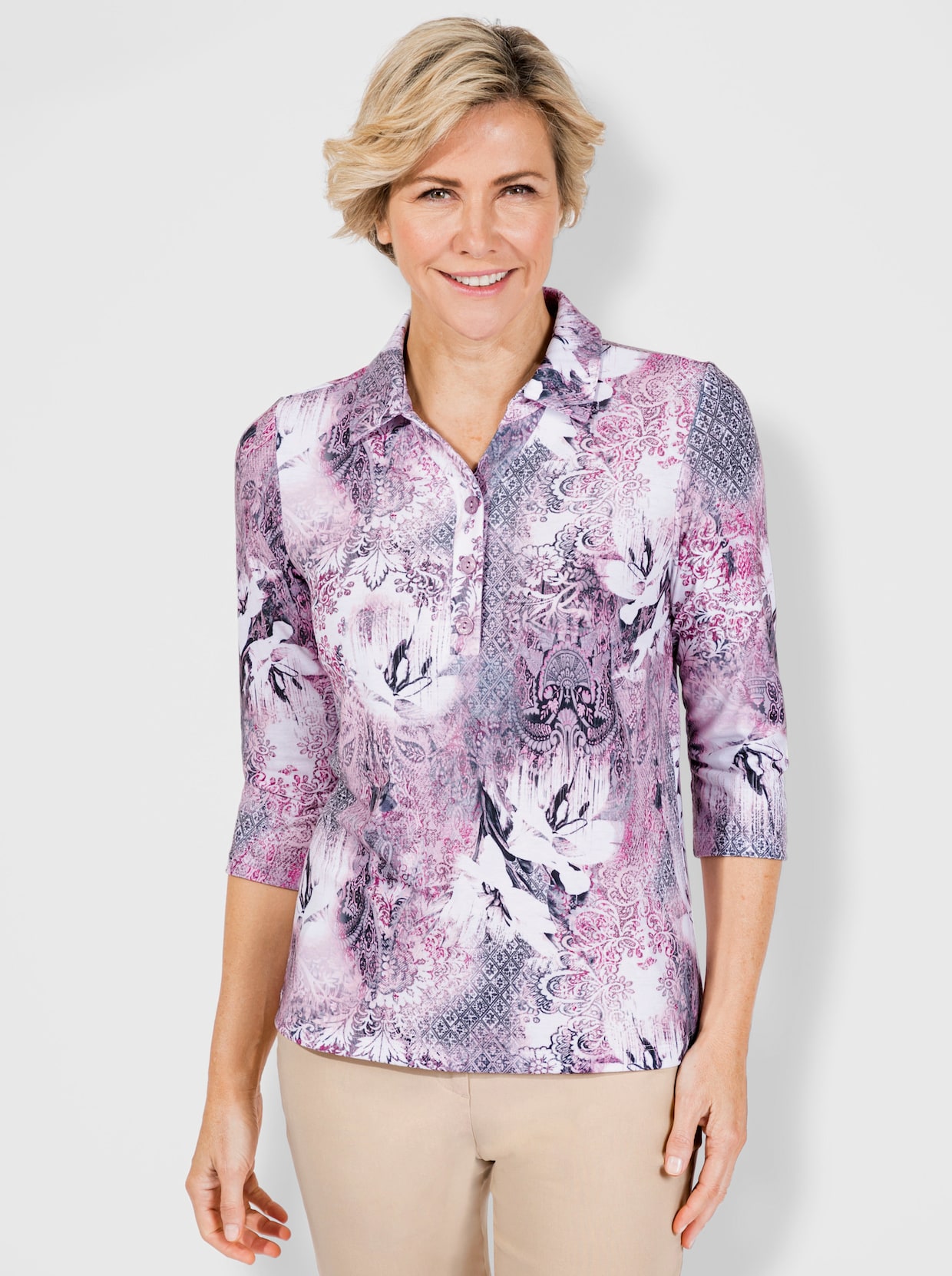 Poloshirt - mauve-steingrau-bedruckt