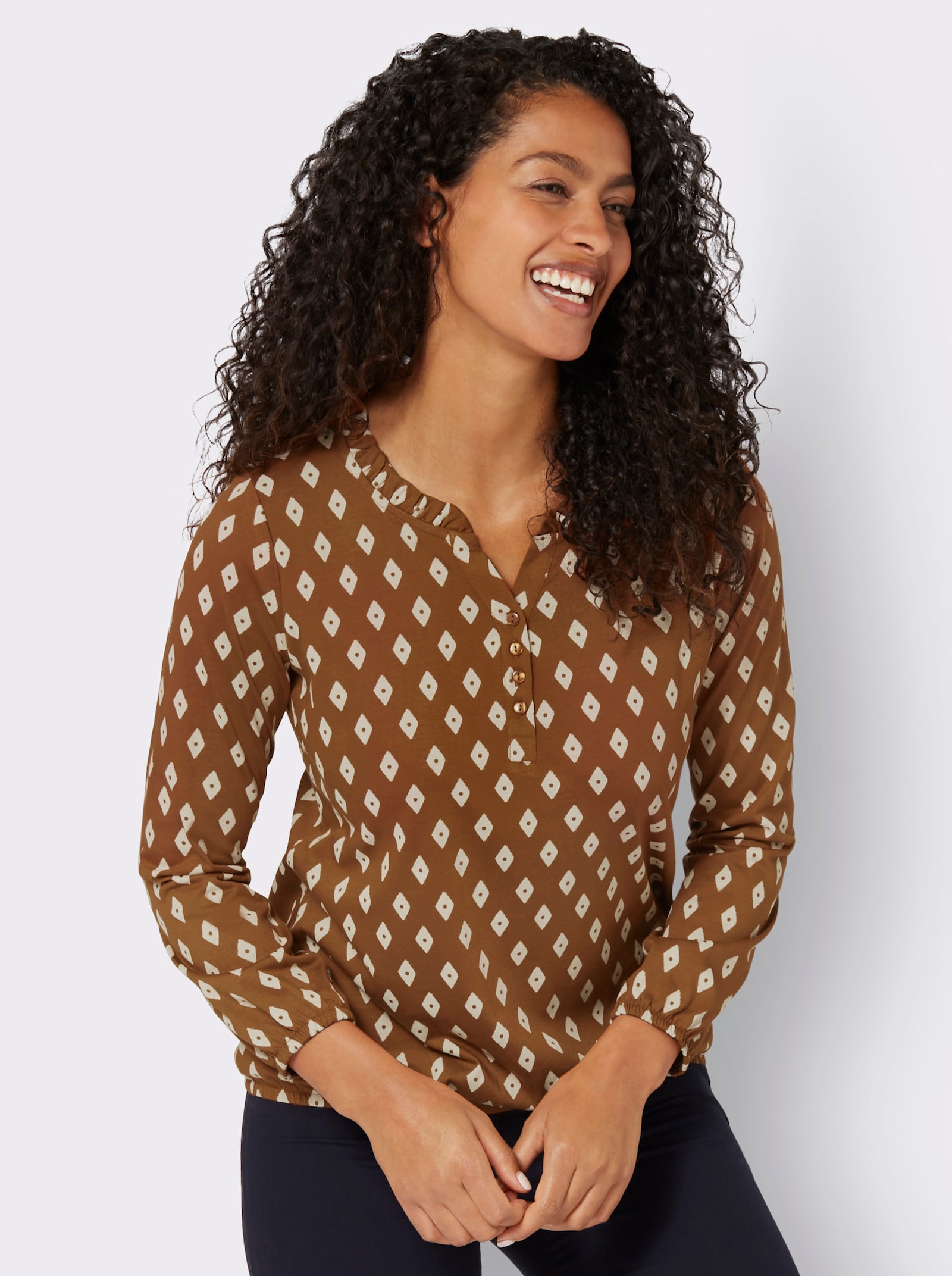 Langarmshirt mit Rüschen am Ausschnitt - cognac-ecru-bedruckt