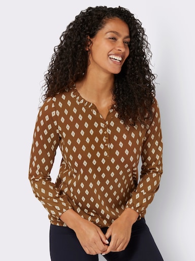 Langarmshirt mit Rüschen am Ausschnitt - cognac-ecru-bedruckt