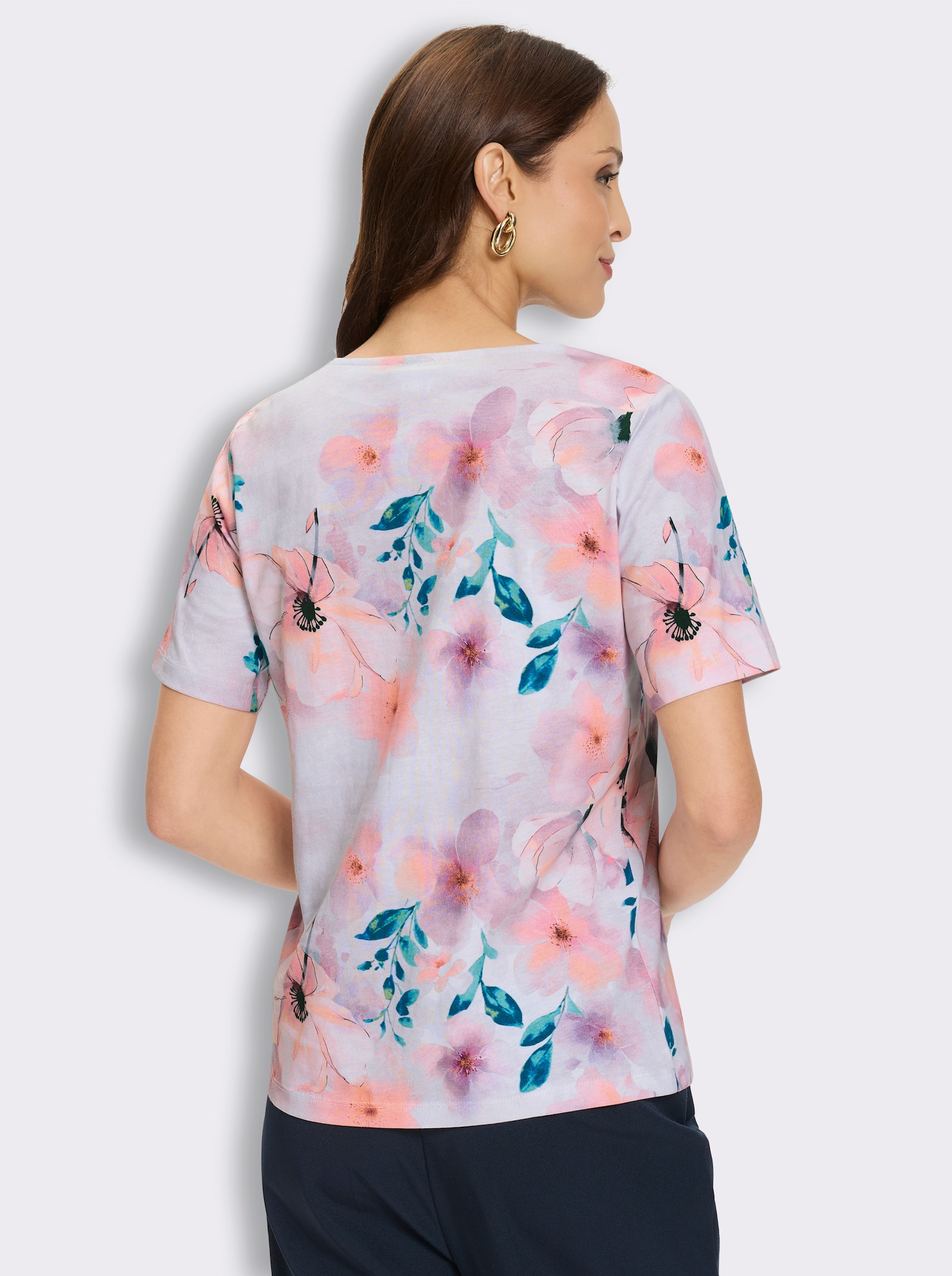 Spitzenshirt mit Spitze am Ausschnitt - ecru-flamingo-bedruckt