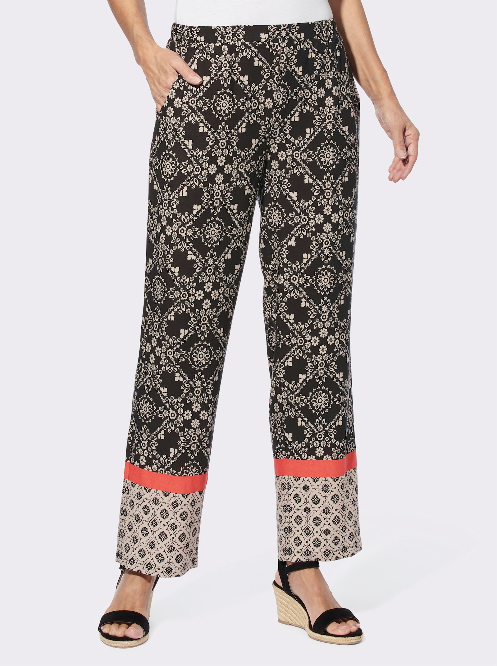 Schlupfhose mit weitem Bein, bedruckt - schwarz-beige-bedruckt