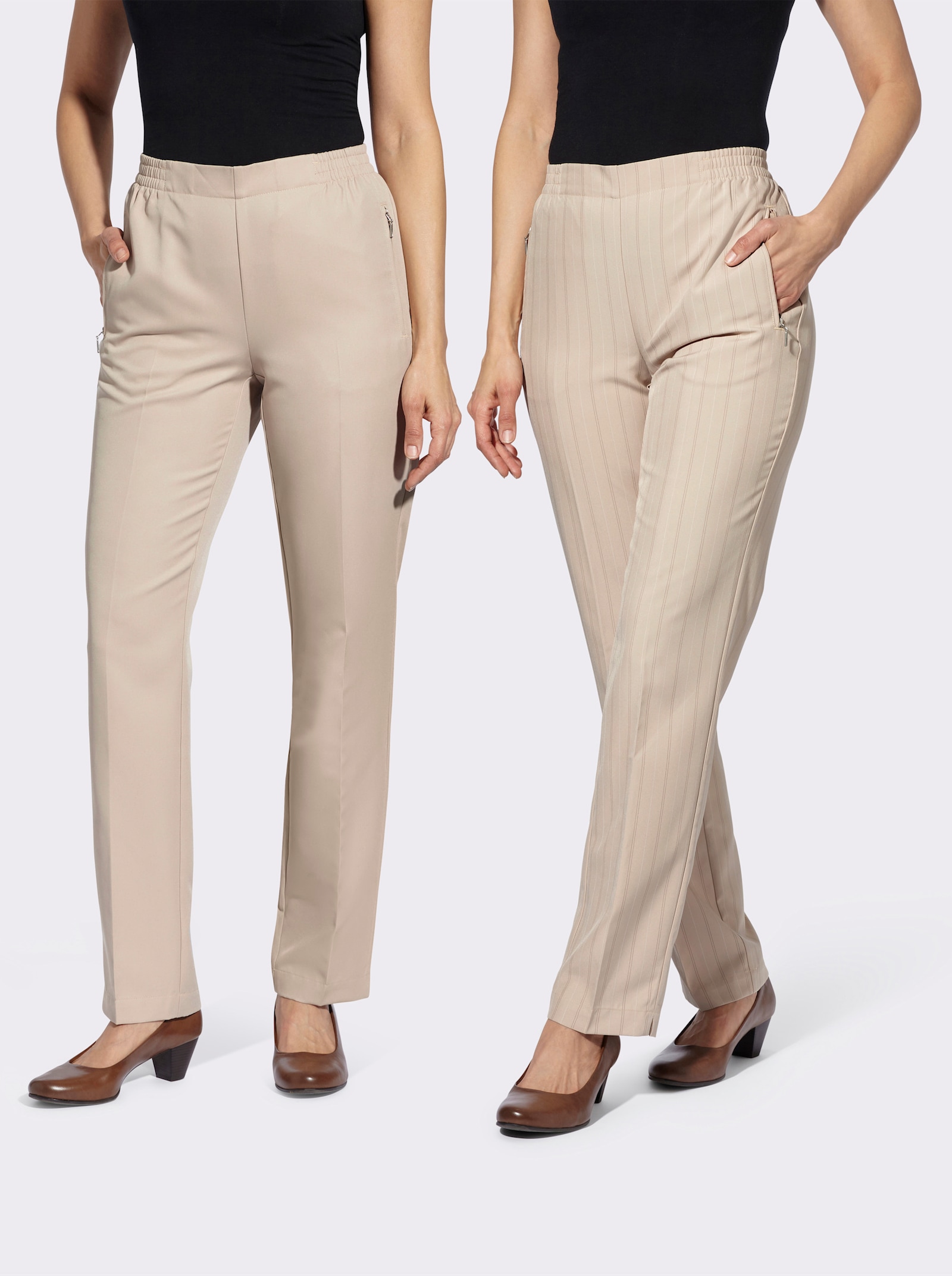 Stoffhose in Schlupfform - beige + beige-dunkeltaupe-gestreift