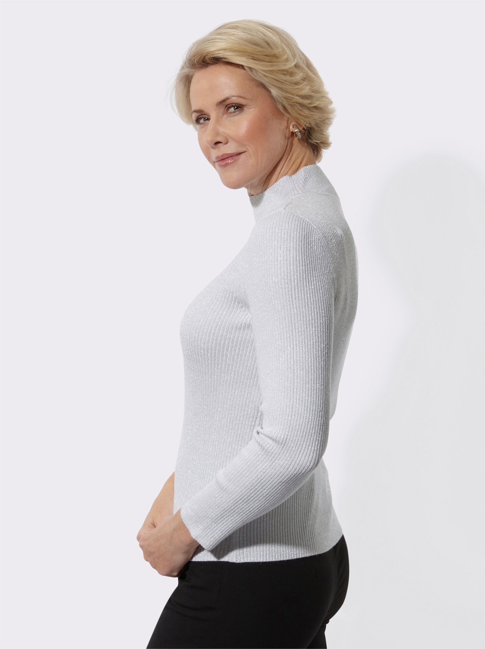 Stehkragenpullover mit Glanzgarn - hellgrau-meliert