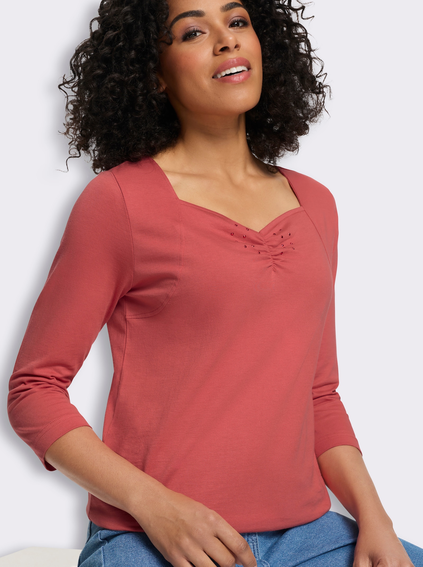 3/4-Arm-Shirt mit Herz-Ausschnitt, Baumwolle - grapefruit