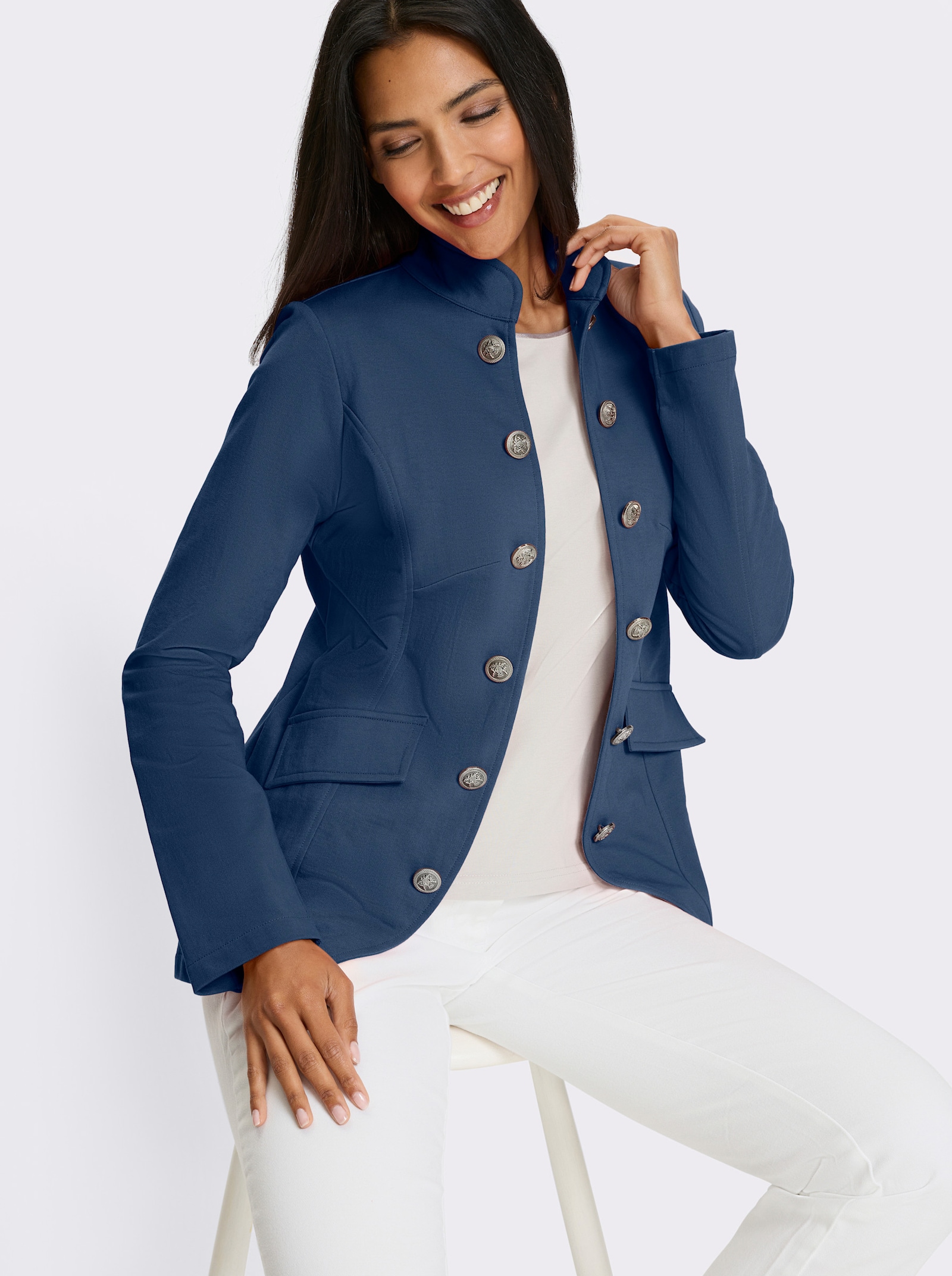 Úpletový kabátik v armádnom štýle - džínsová modrá