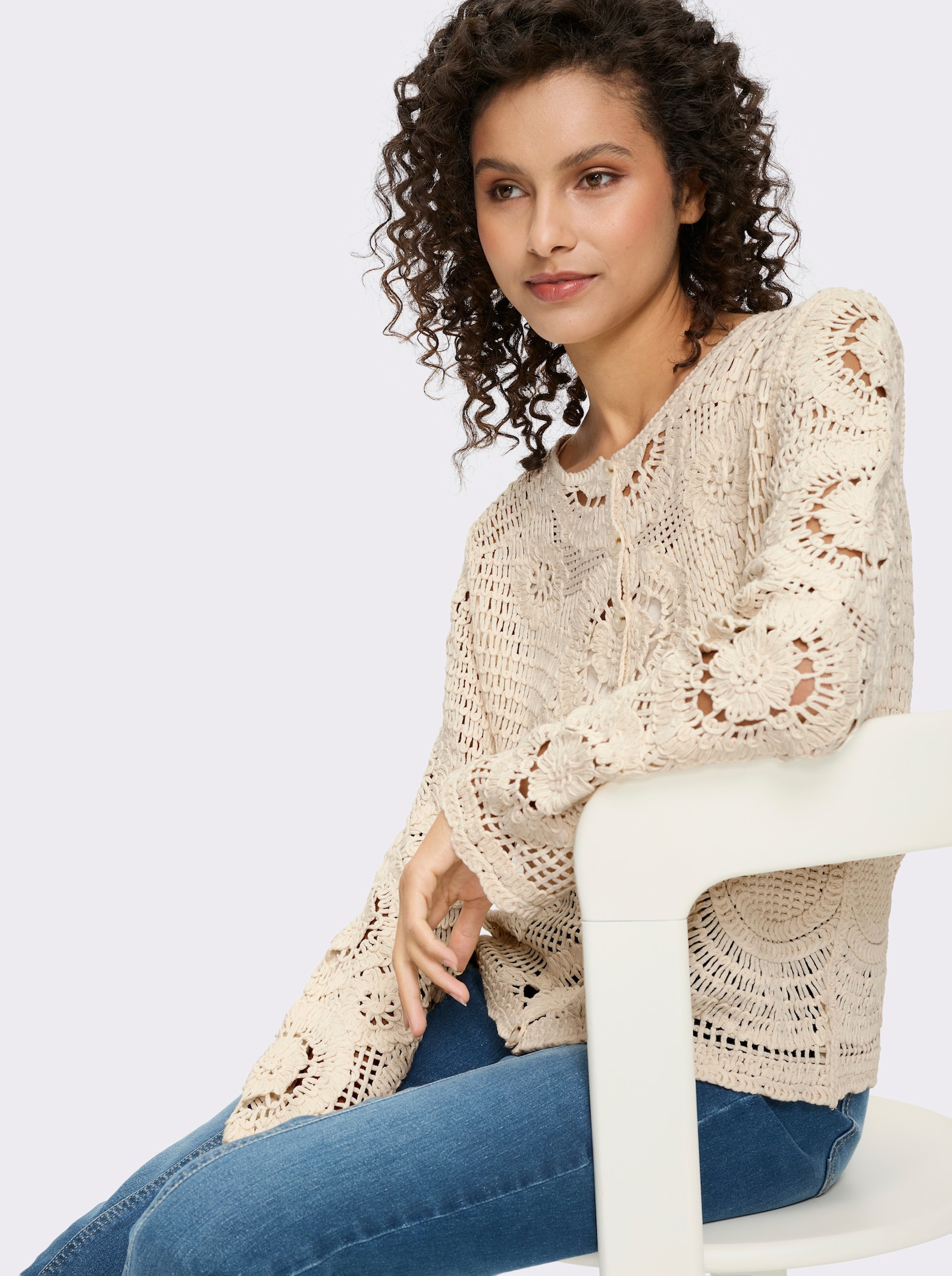 heine Ajourstrickjacke in Häkel-Optik - champagner