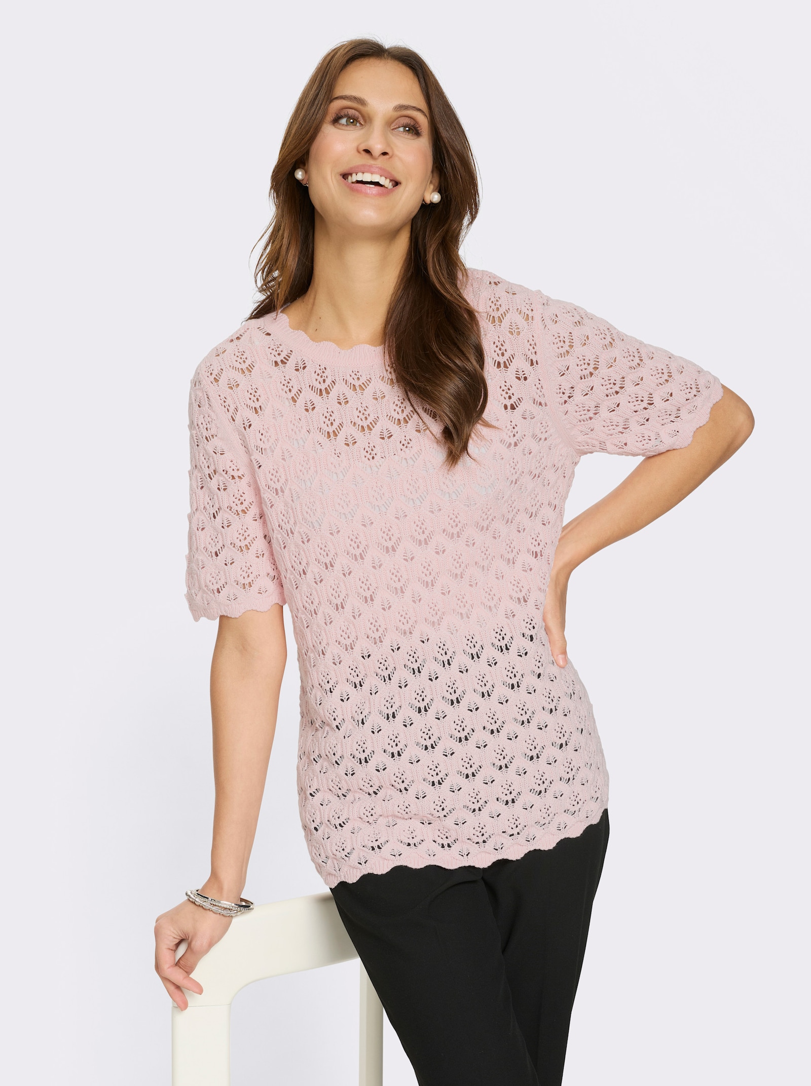 Pulóver, kr. rukávy, zahnuté zakončenia - svetloružová