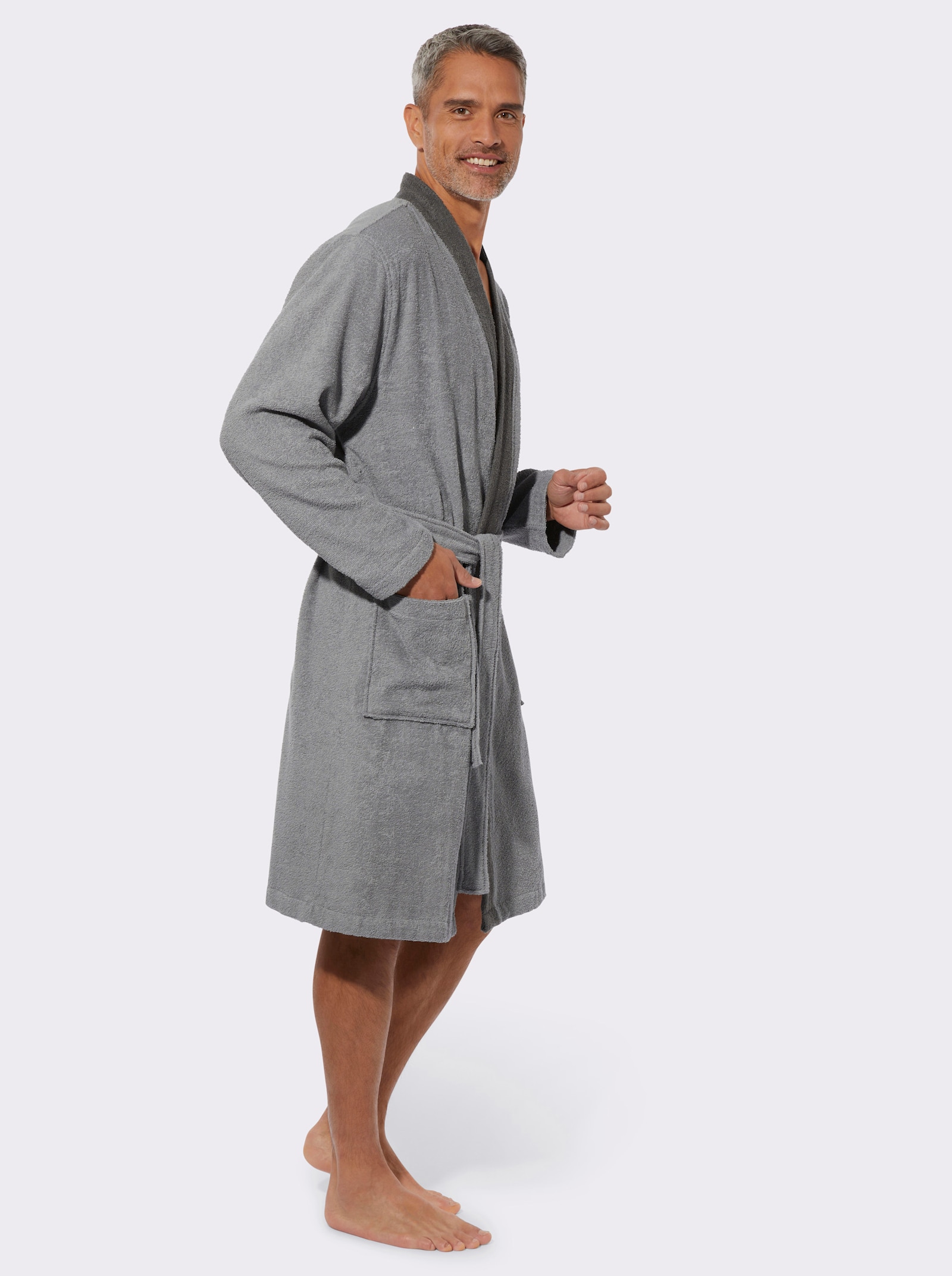 Herrenbademantel mit Taschen - steingrau