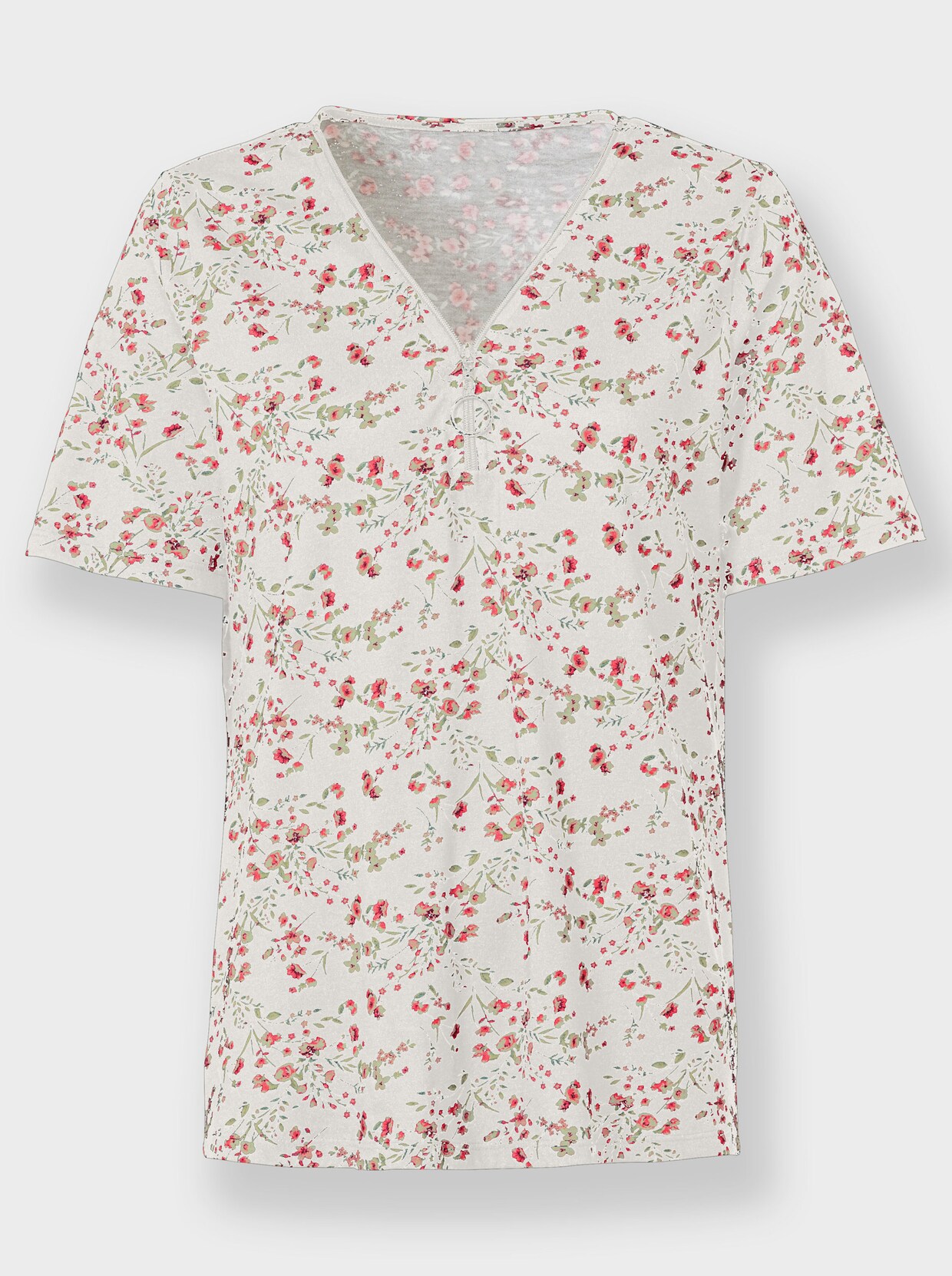 Kurzarmshirt mit Reissverschluss am Ausschnitt - ecru-hellrosé-gemustert