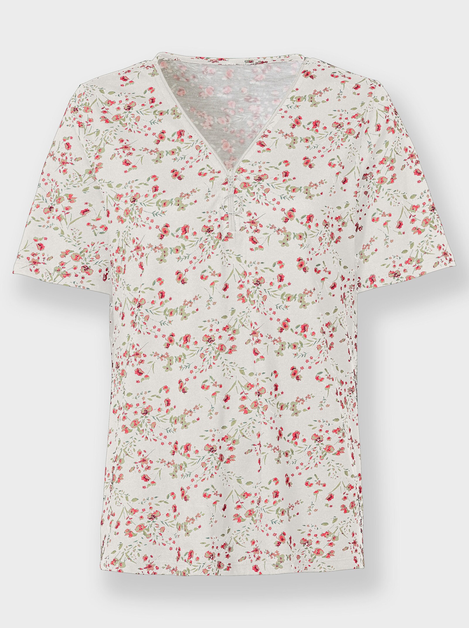 Kurzarmshirt mit Reißverschluss am Ausschnitt - ecru-hellrosé-gemustert