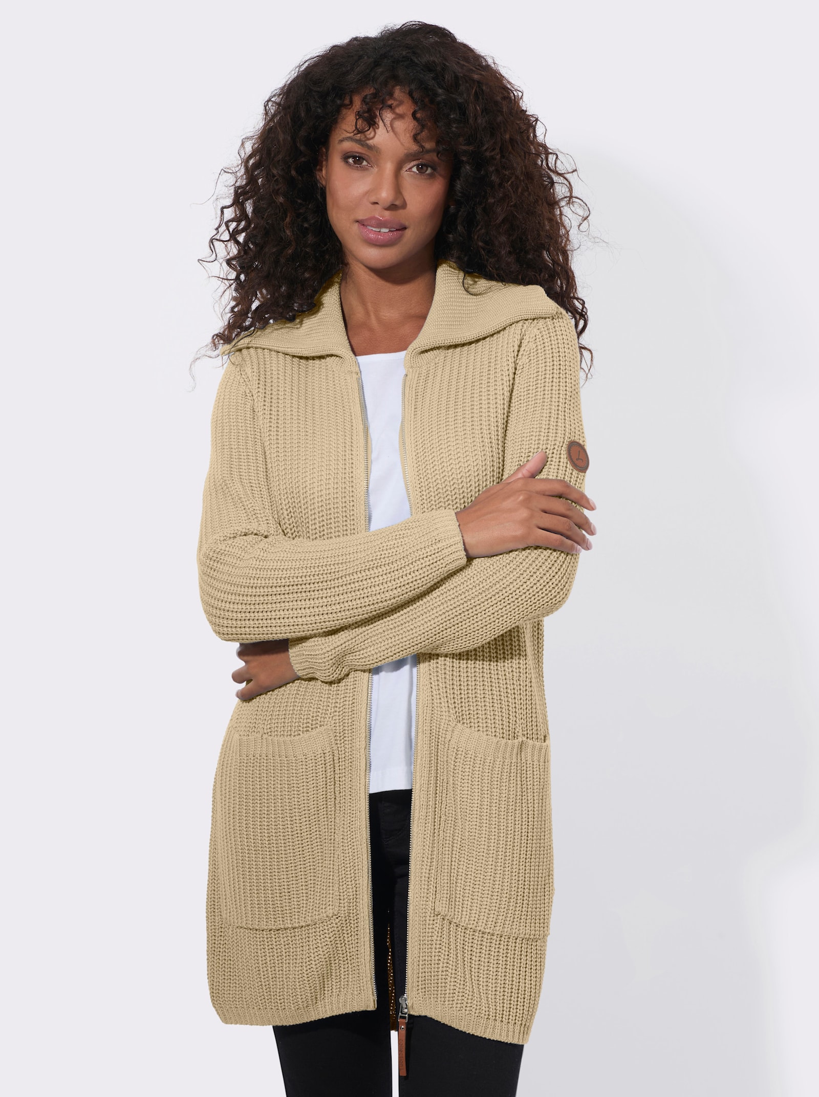 Longstrickjacke mit Umlegekragen - sand