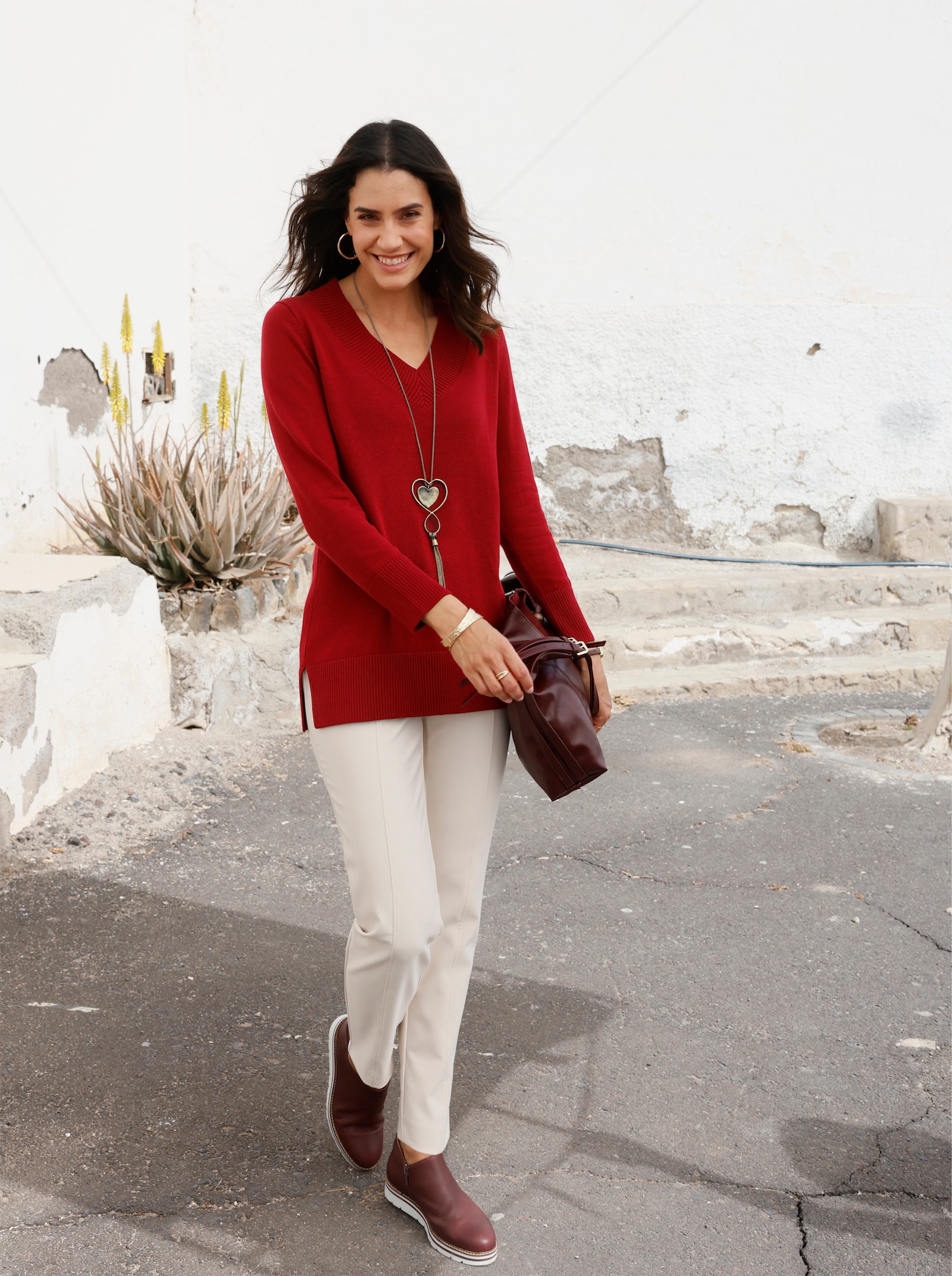 Longpullover mit V-Ausschnitt - dunkelrot