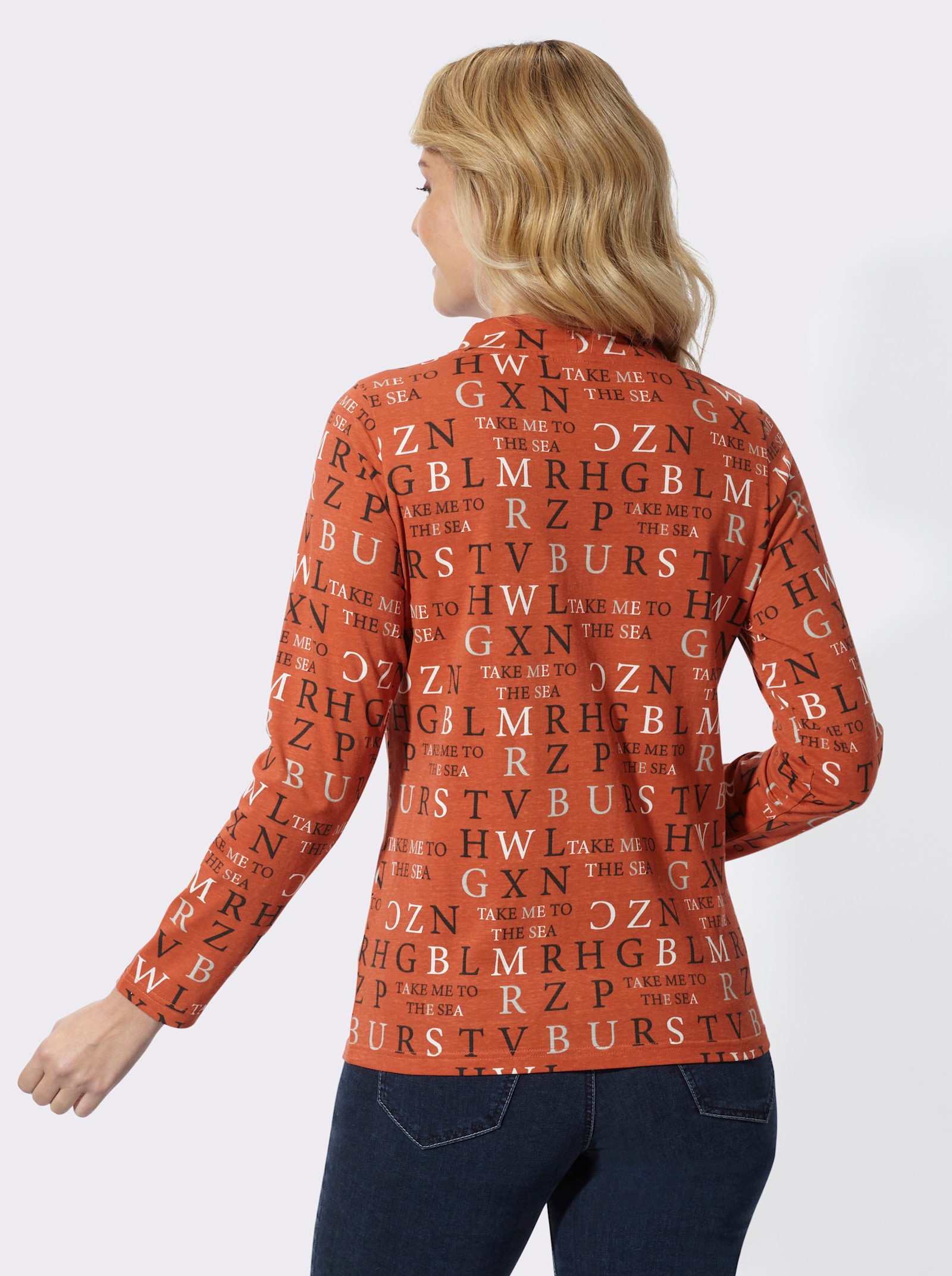 Stehkragenshirt mit Buchstabendruck - rostrot-ecru-bedruckt