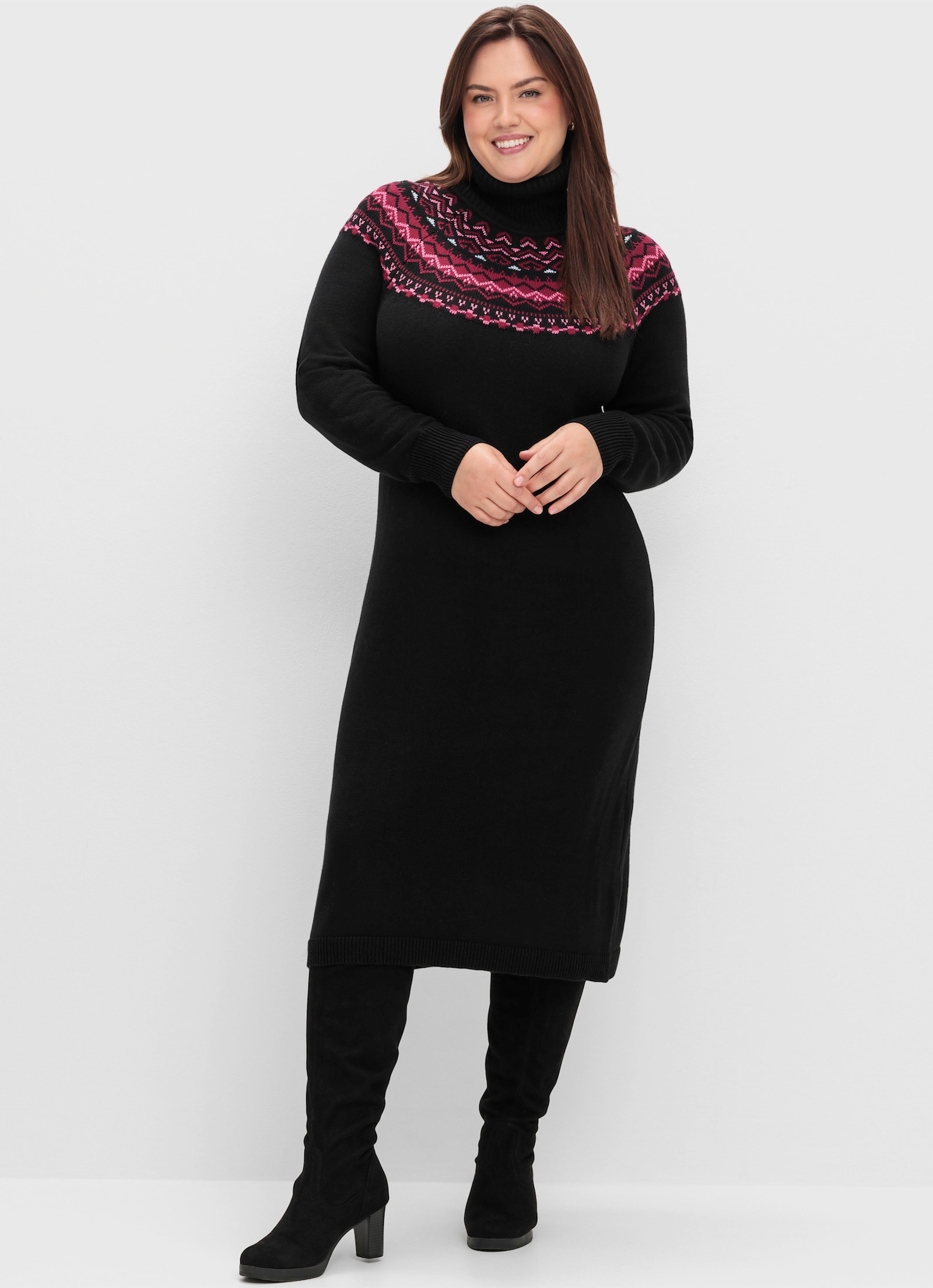 sheego Strickkleid mit Norweger-Muster - schwarz