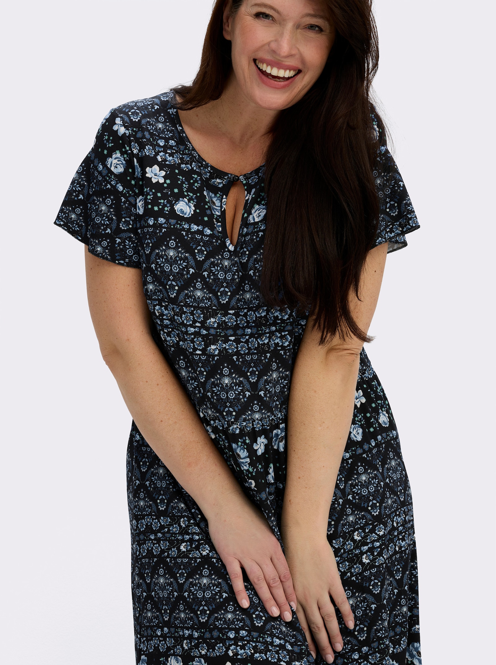 Jerseykleid mit Gummizug auf Taillenhöhe - jeansblau-schwarz-bedruckt