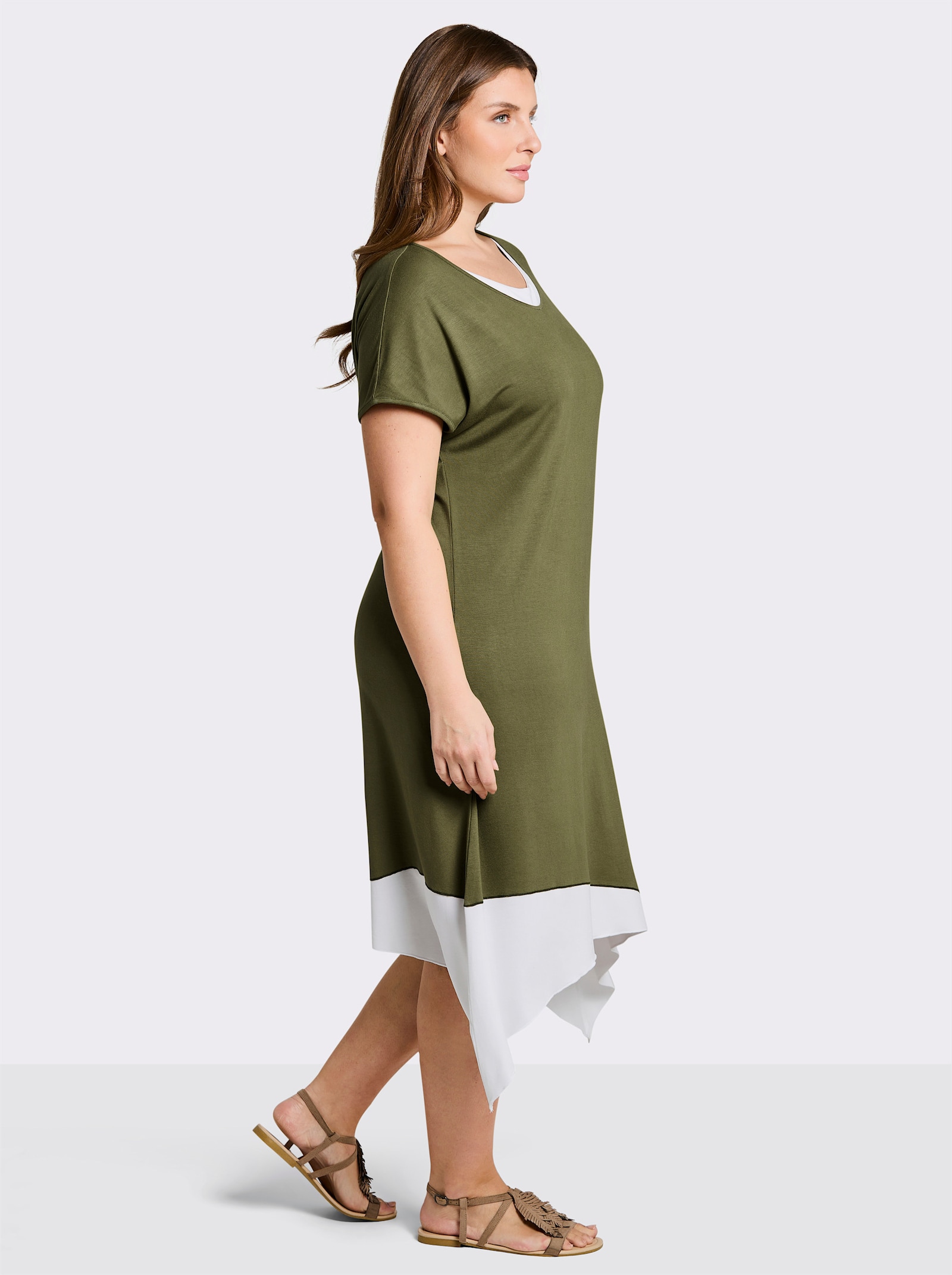 sheego A-Linien-Kleid in 2-in-1-Optik - oliv-weiss