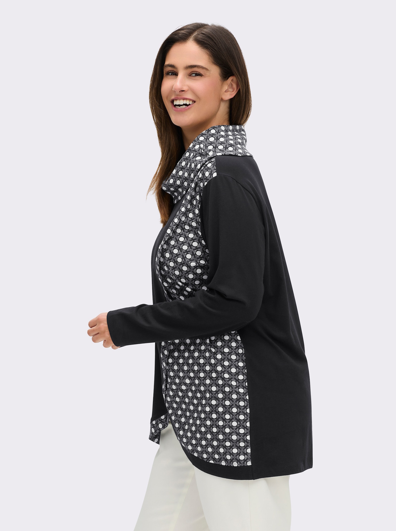 Rollkragenshirt mit Lagen-Optik - schwarz-ecru-bedruckt