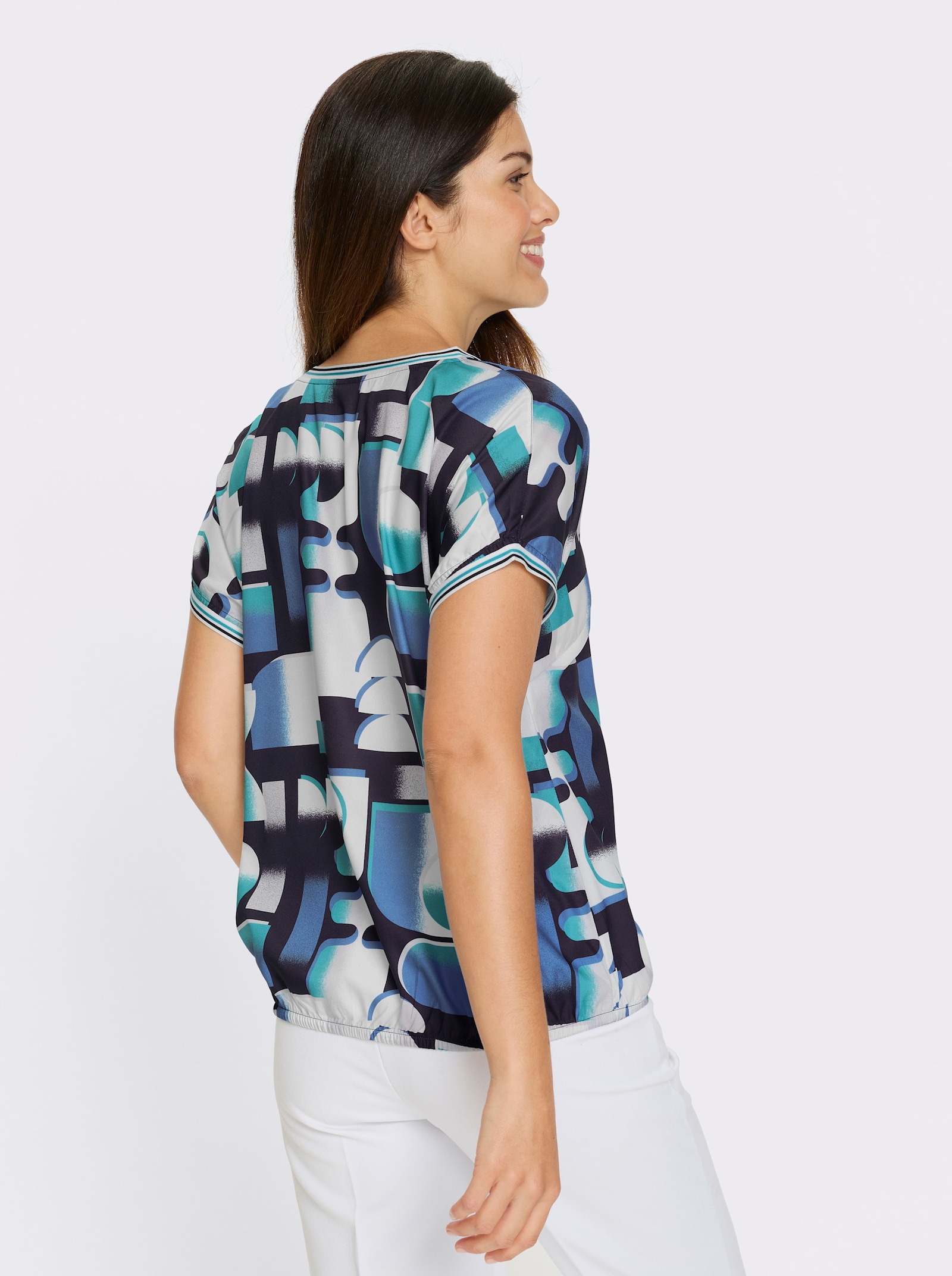 Schlupfbluse im Grafik-Dessin - türkis-schwarz-bedruckt