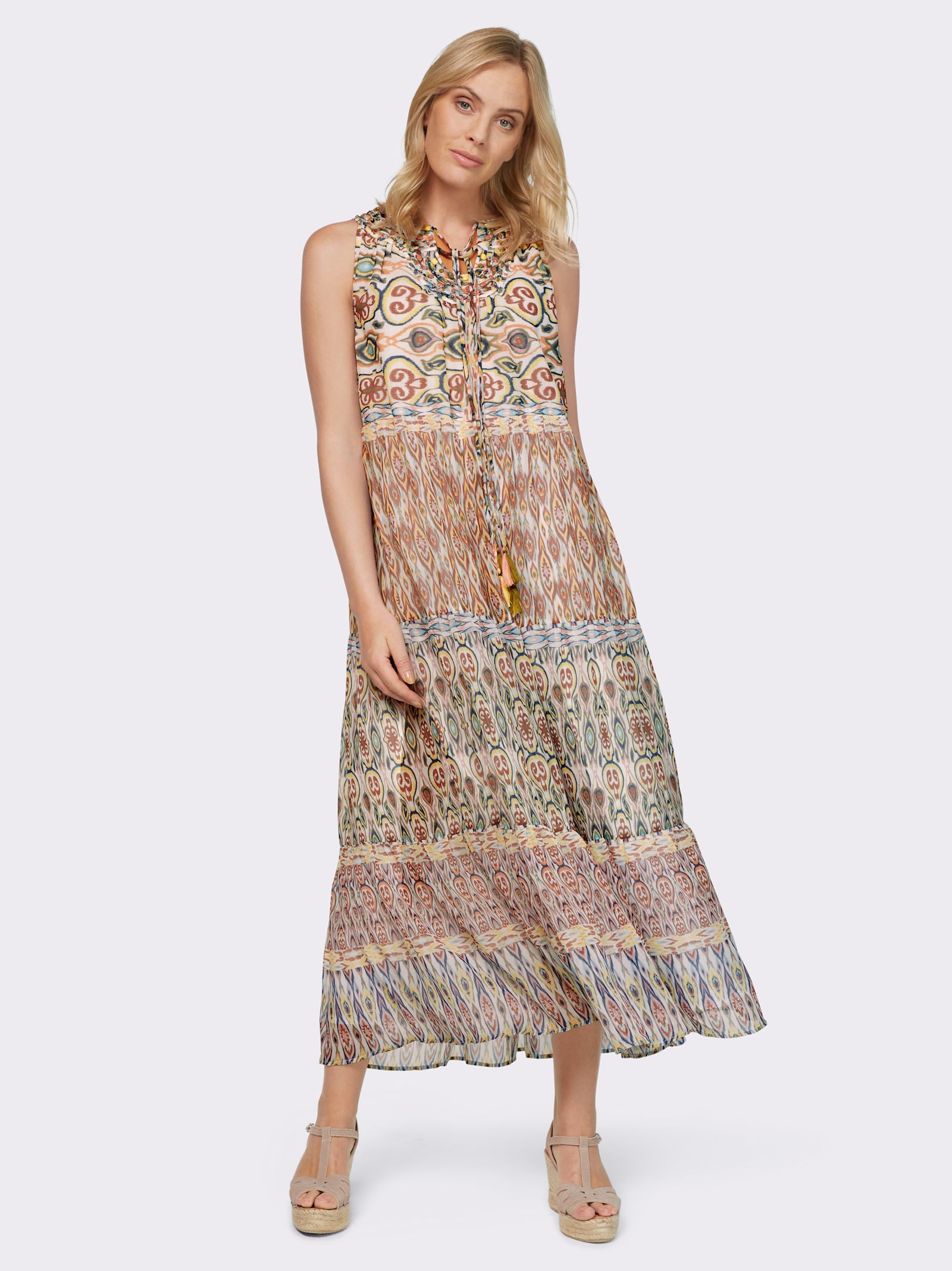 heine Druckkleid in Stufenform - papaya-khaki-bedruckt