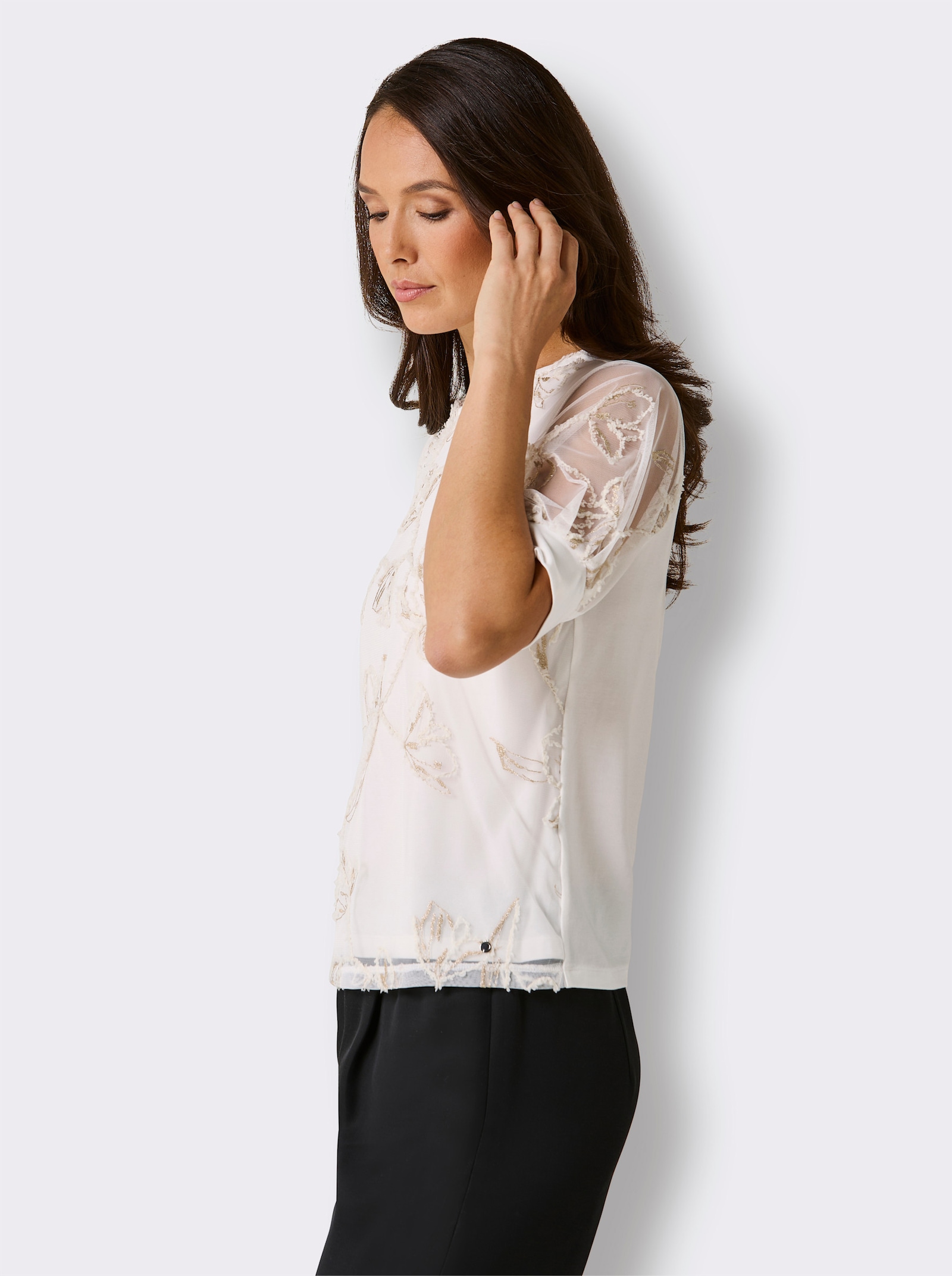 CREATION L PREMIUM Kurzarmshirt mit glitzernder Stickerei - ecru-gemustert