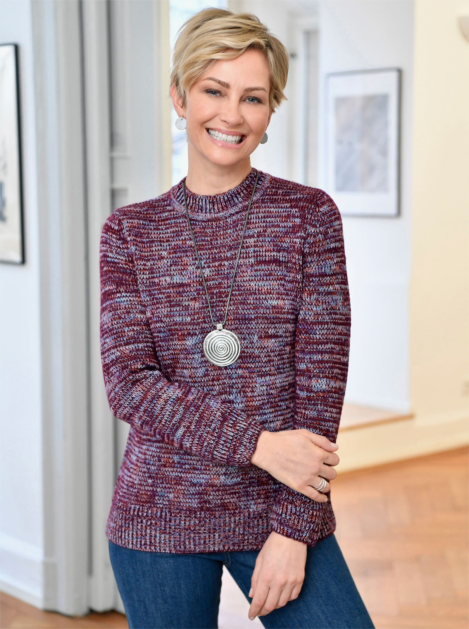 Stehkragenpullover in Melange-Optik - brombeer-meliert