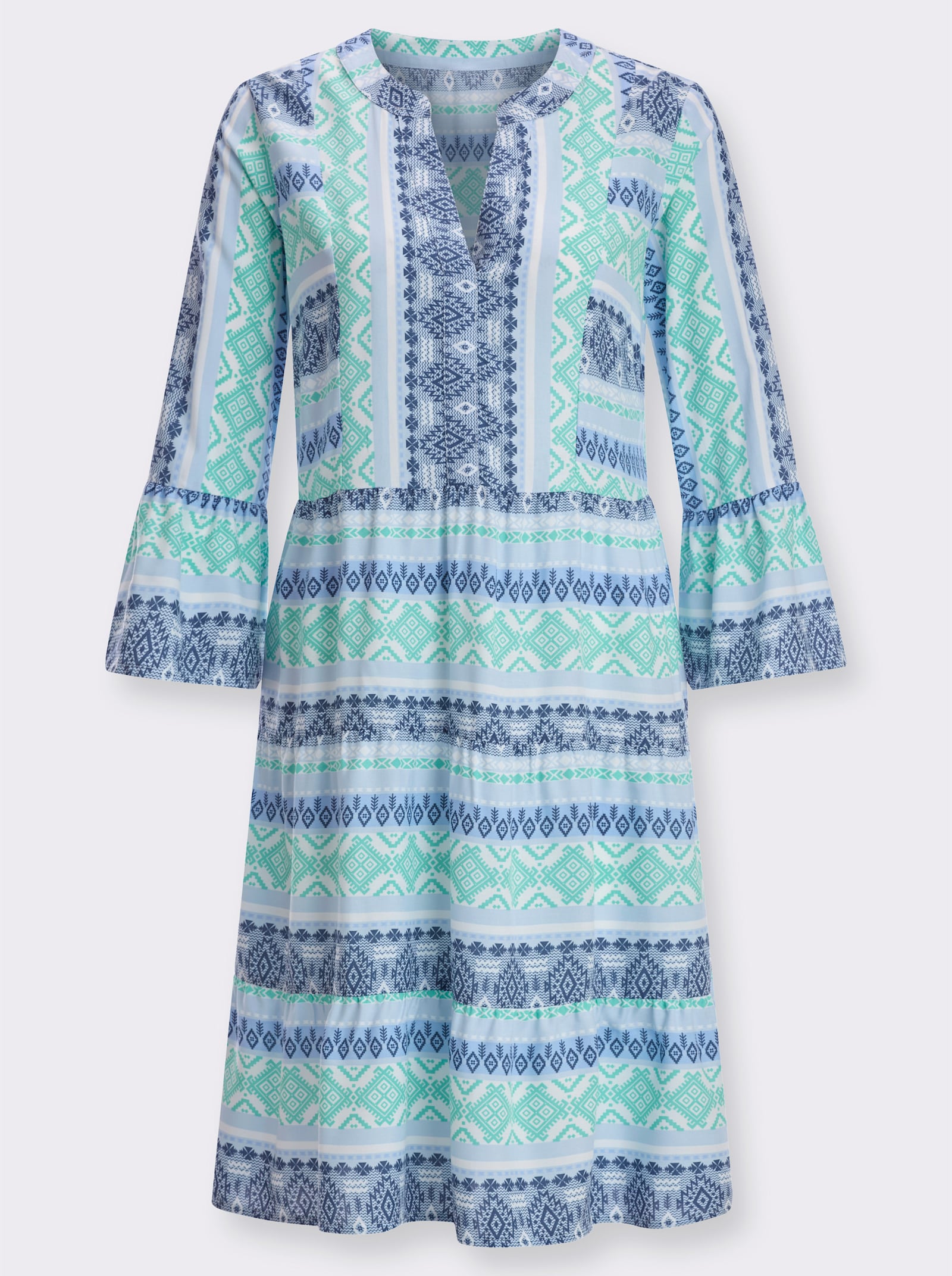 Stufenkleid mit Volant am Ärmelabschluss - hellblau-jeansblau-bedruckt