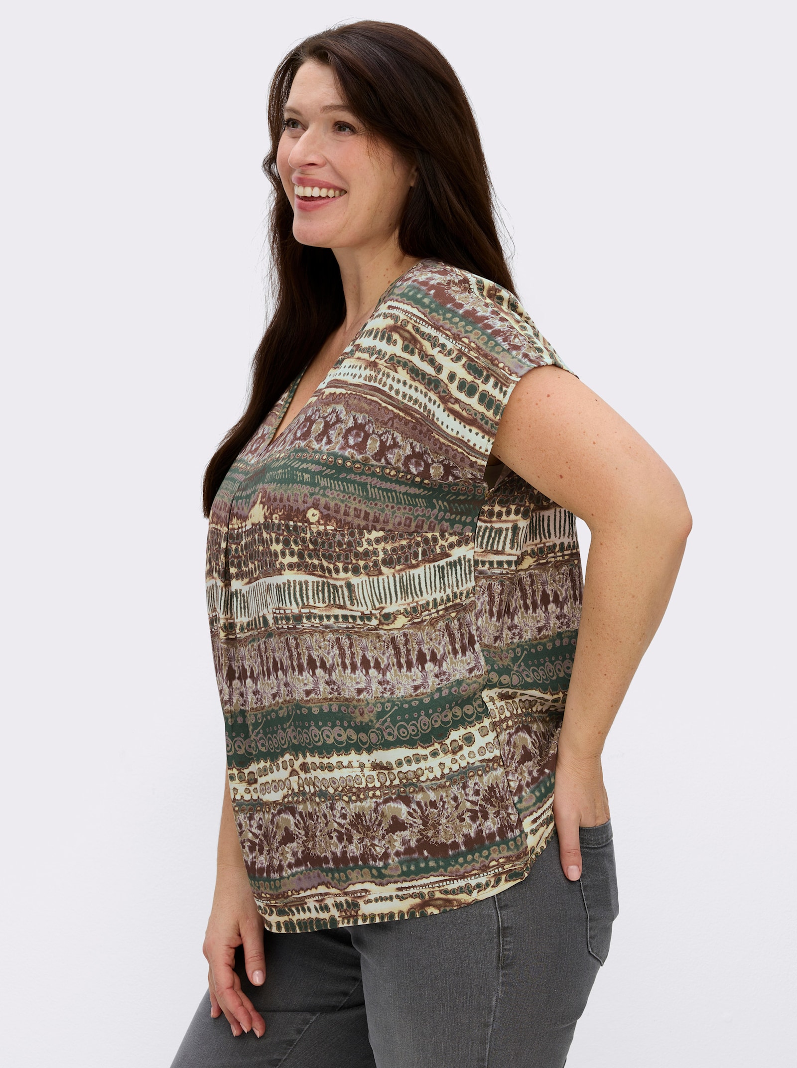 Kurzarmbluse mit schmeichelnder Falte vorne - schilf-schoko-bedruckt