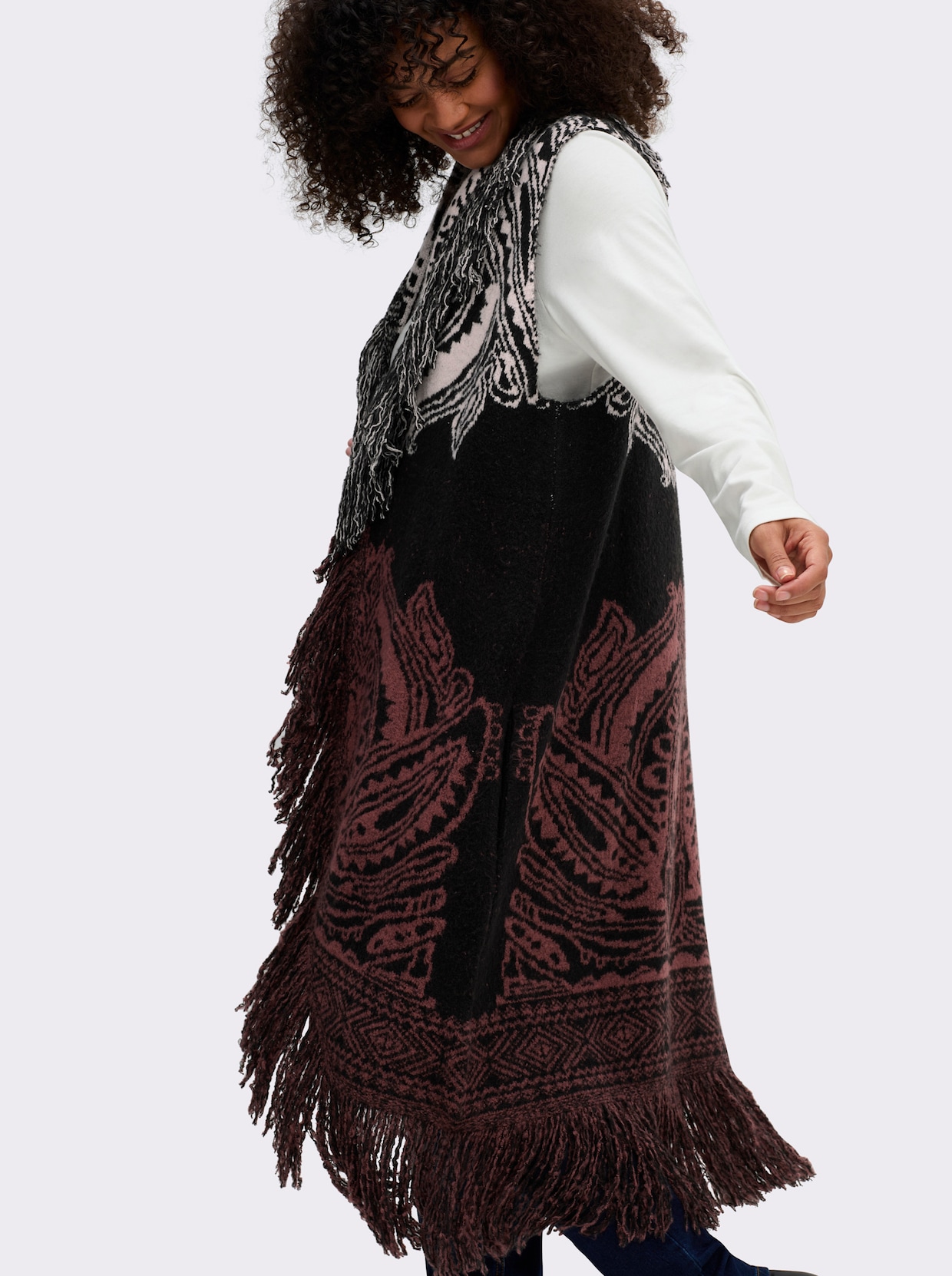 sheego by Joe Browns Fransenweste - schwarz-rotbraun-gemustert
