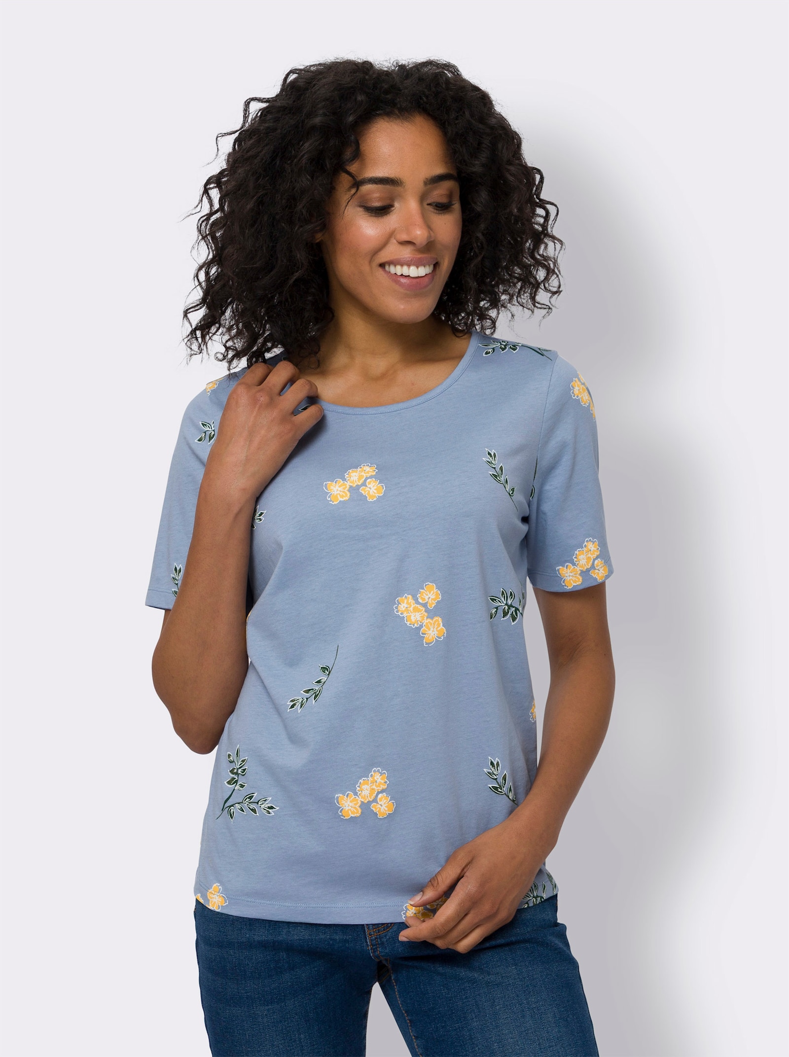 Kurzarmshirt mit Blüten- und Blätter-Print - bleu-weiss-bedruckt