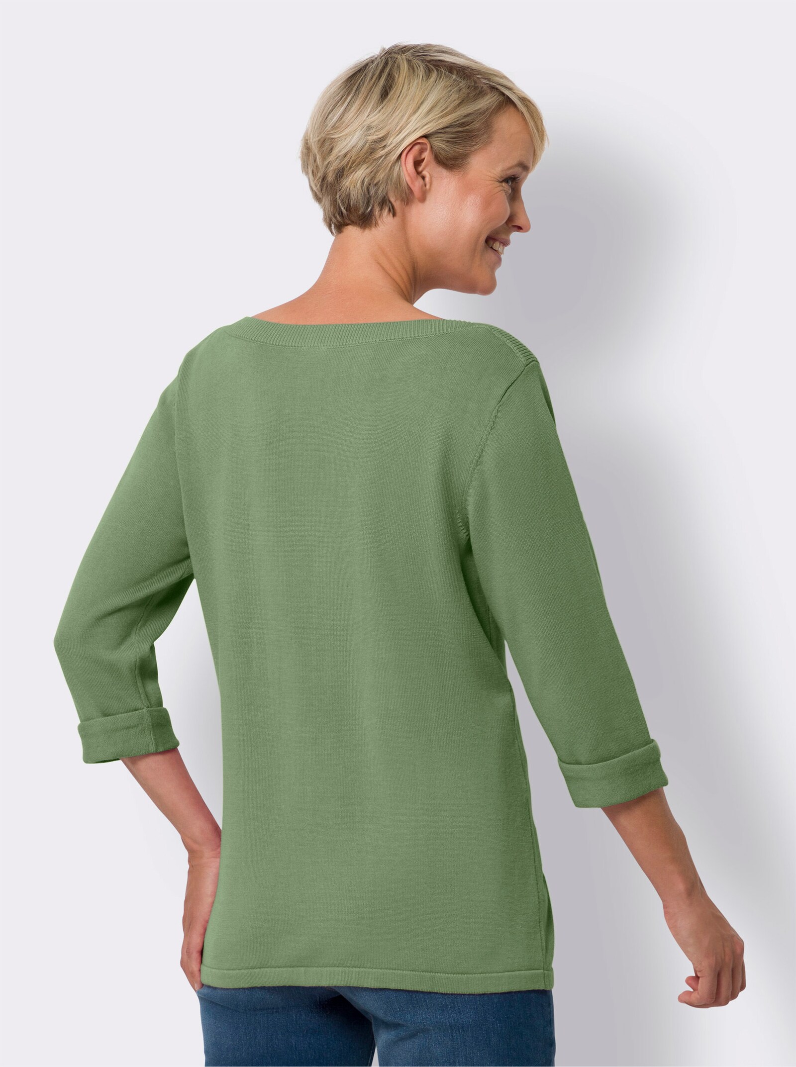 Pullover met 3/4-mouwen en ribinzetten - eucalyptus