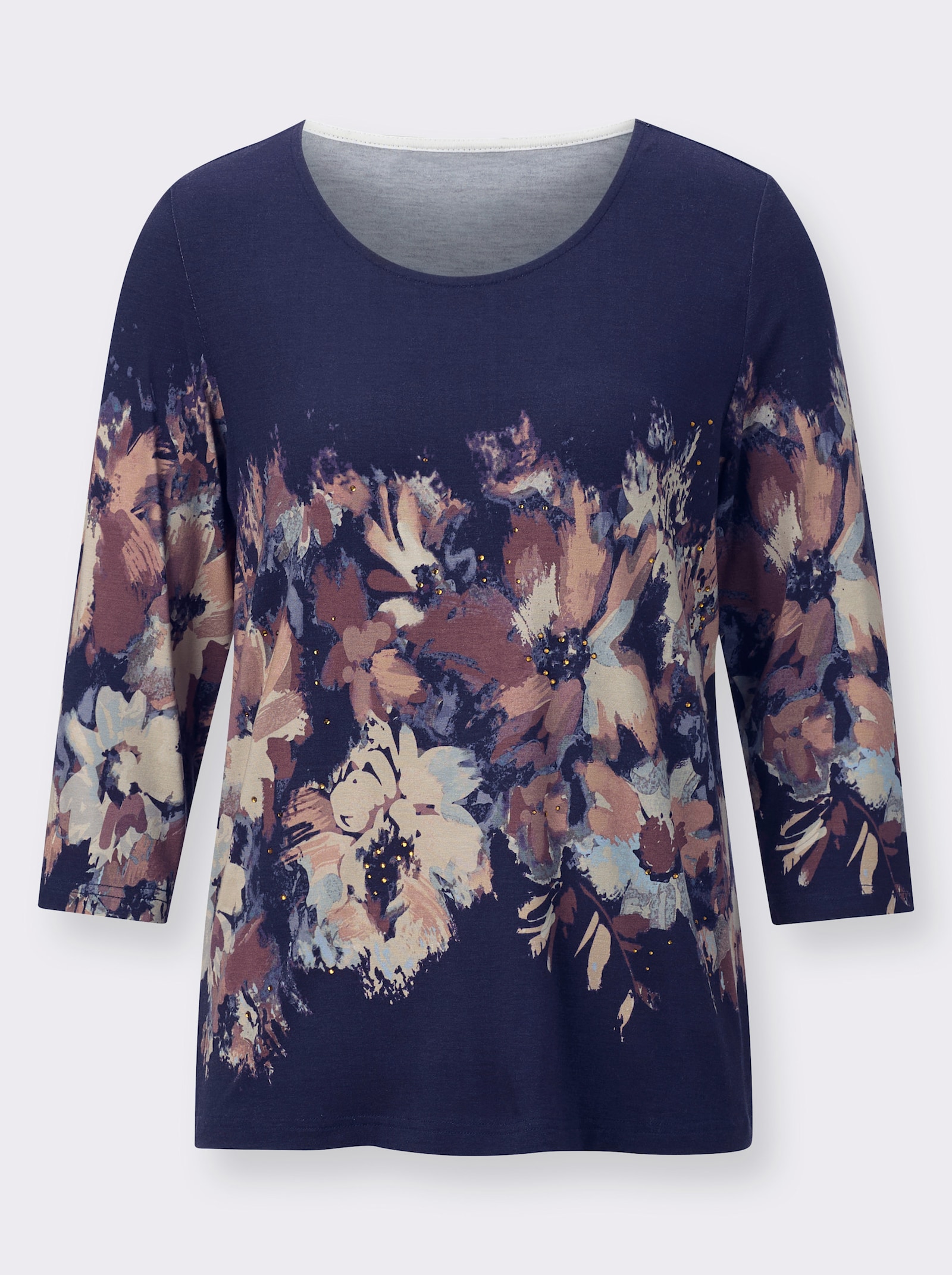 3/4-Arm-Shirt mit Glitzersteinchen-Verzierung - marine-champagner-bedruckt