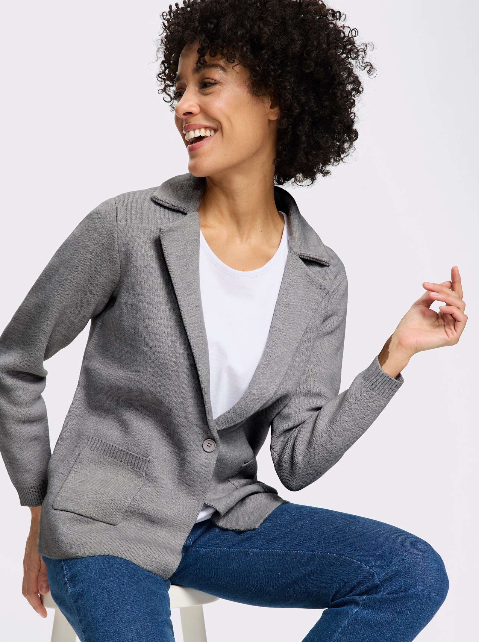 Jacquardstrickjacke im Blazer-Stil - steingrau-meliert